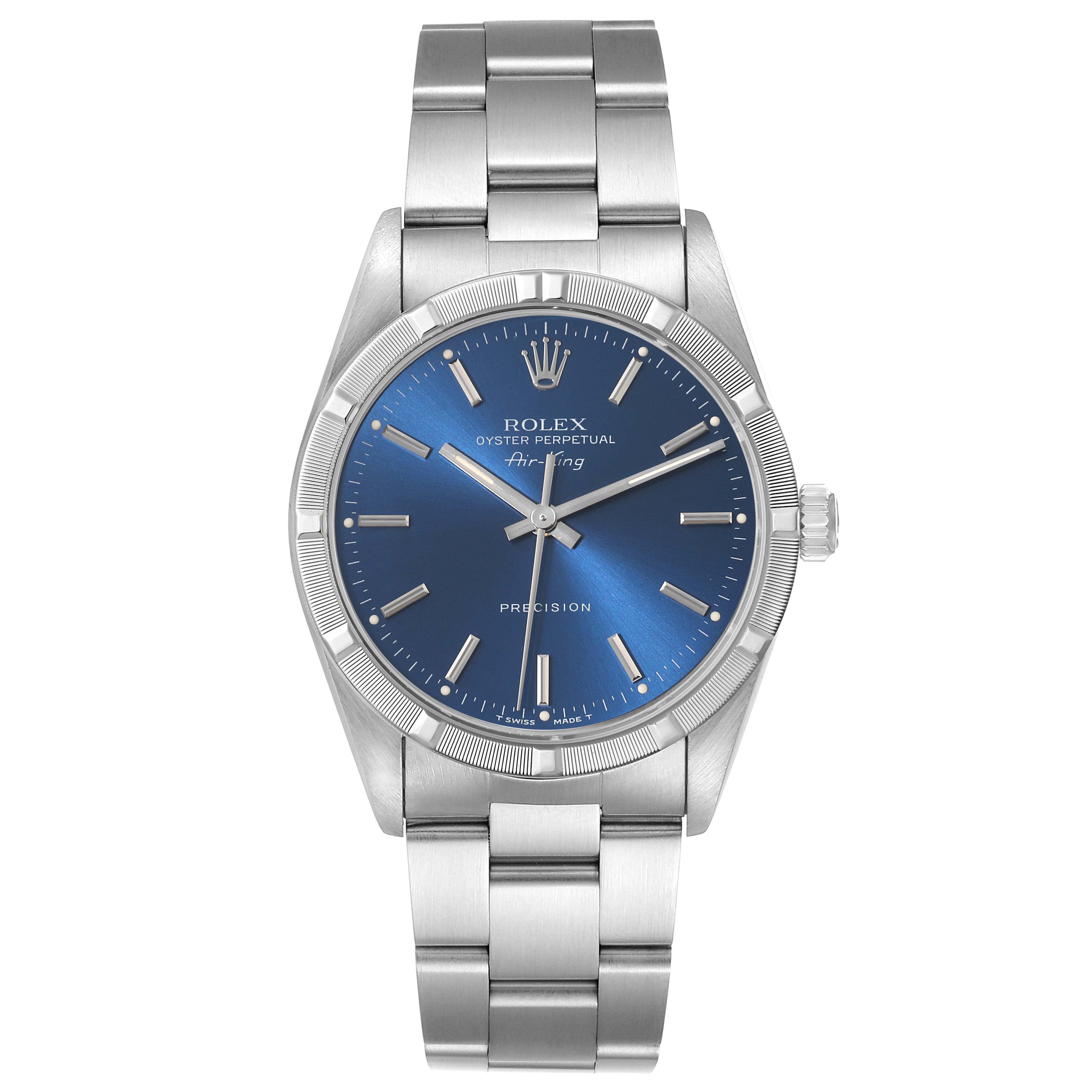 The image shows a frontal view of the Rolex Air-King 14010 Men's Stainless Steel Blue Dial 14010 Men's Stainless Steel Blue Dial watch, highlighting its blue dial, bezel, and stainless steel bracelet.