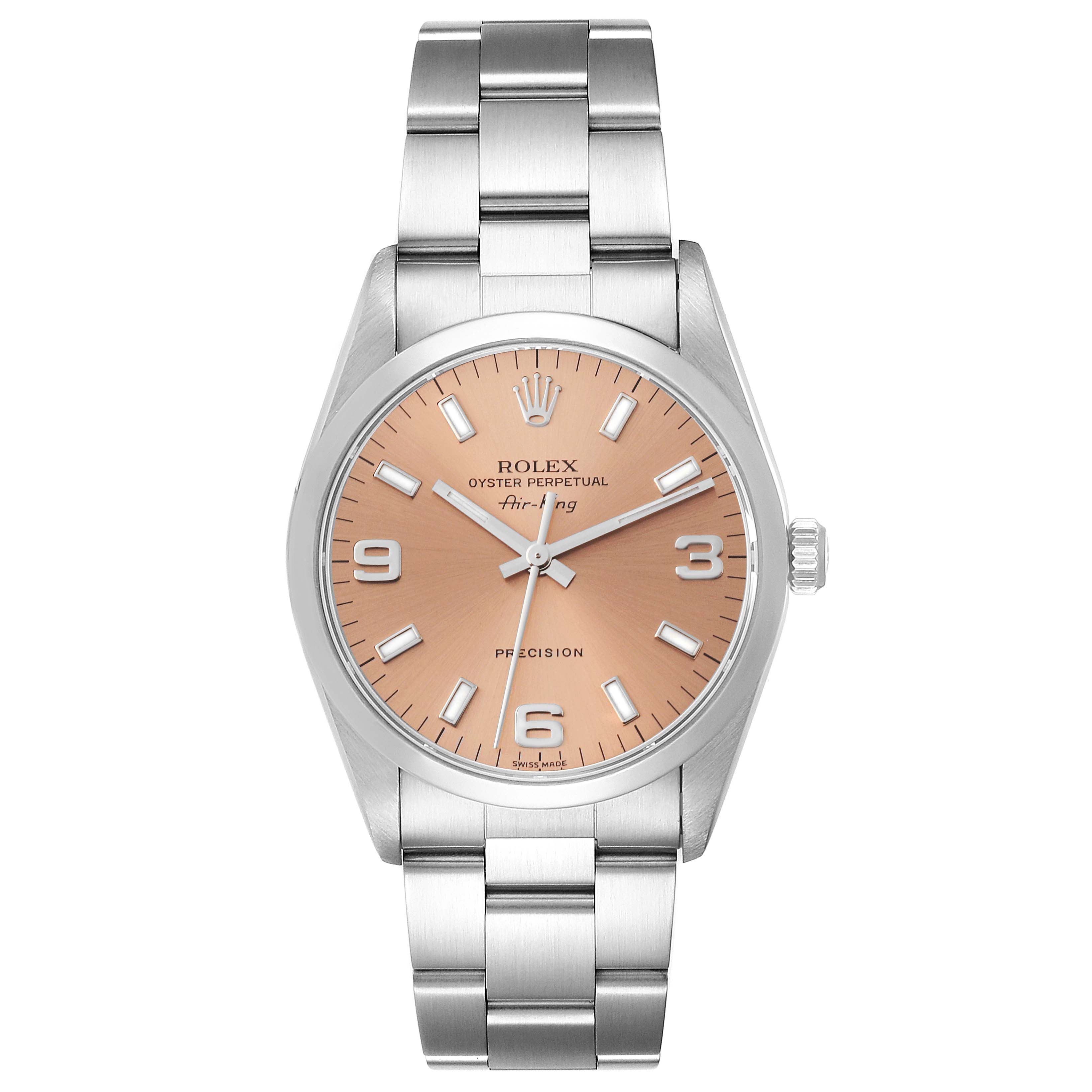 The image shows a frontal view of a Rolex Air-King 14000 Men's Stainless Steel Pink Dial 14000 Men's Stainless Steel Pink Dial watch, highlighting its dial, case, and bracelet.