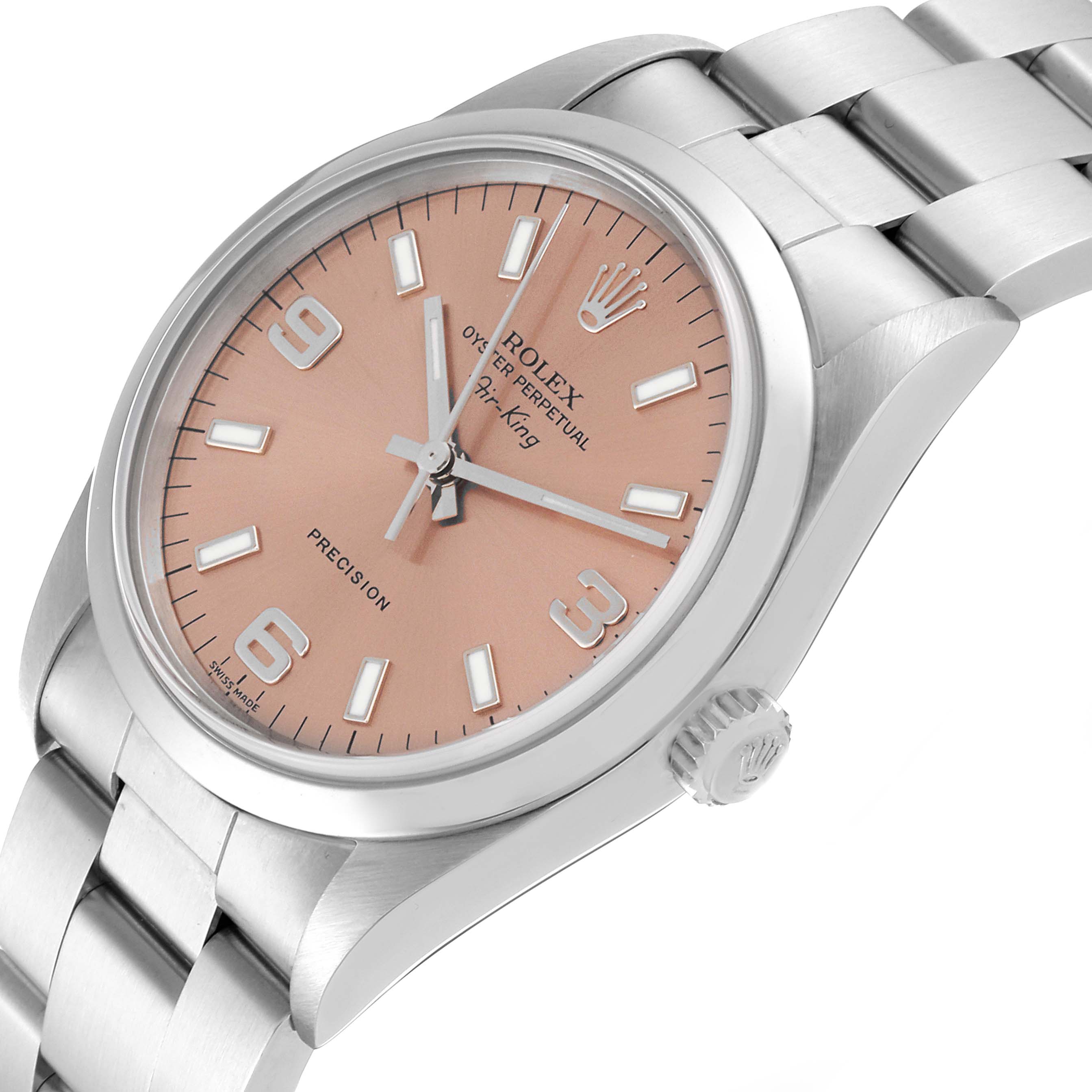 The image shows a stainless steel Rolex Air-King 14000 Men's Stainless Steel Pink Dial 14000 Men's Stainless Steel Pink Dial watch at an angled view, highlighting the pink dial and bracelet.