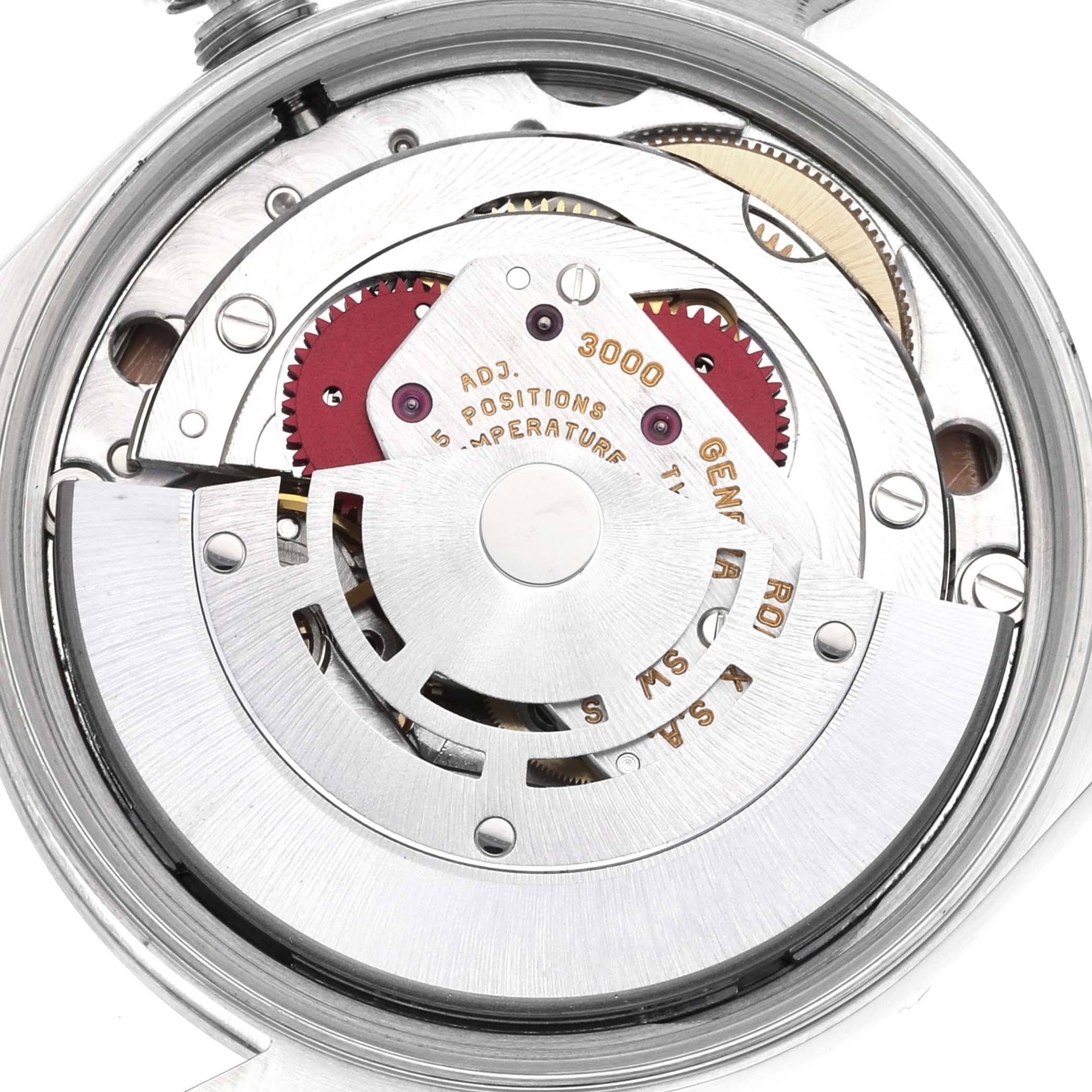 This image shows a close-up view of the internal movement mechanism of the Rolex Air-King 14000 Men's Stainless Steel Pink Dial 14000 Men's Stainless Steel Pink Dial watch.