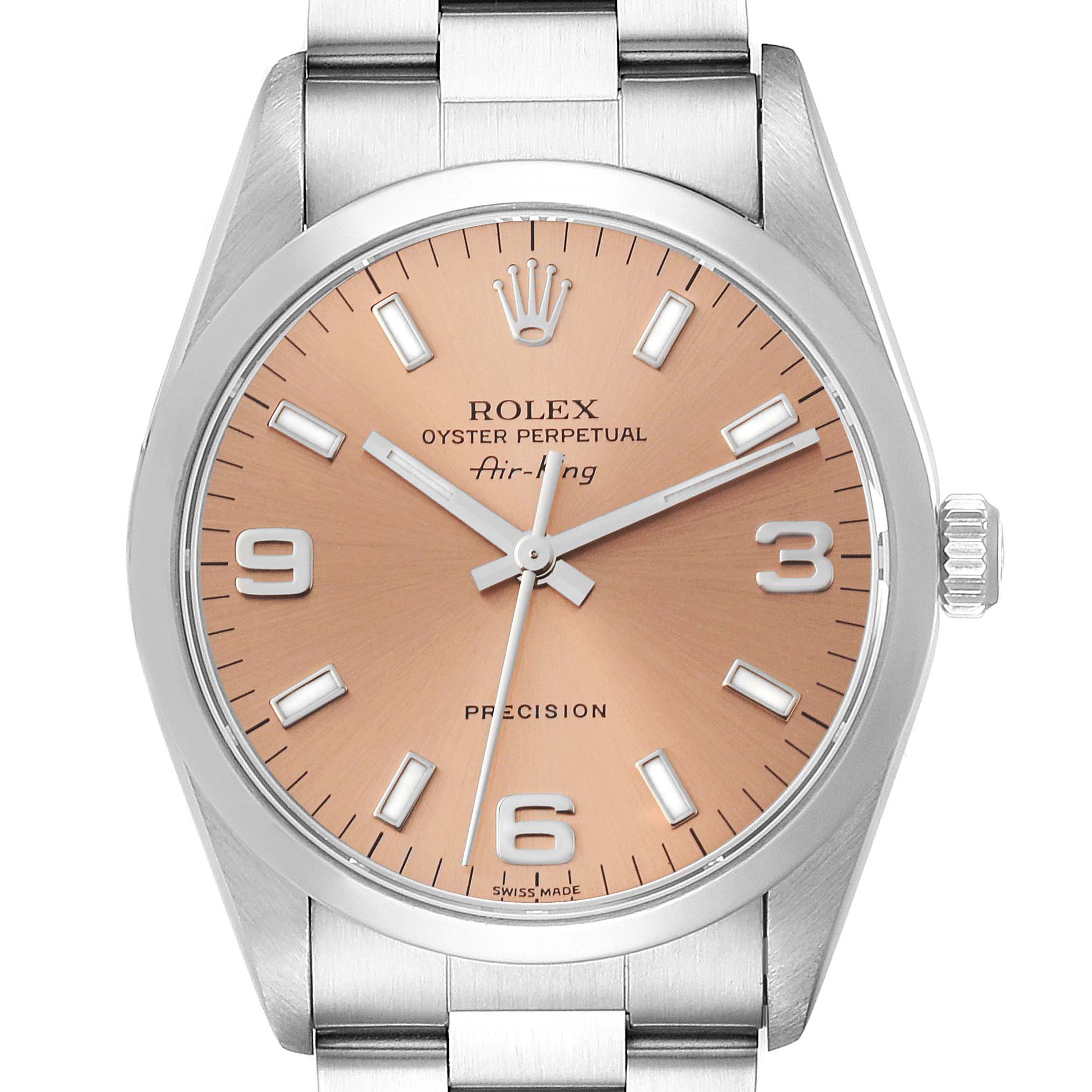 Front-facing view of the Rolex Air-King 14000 Men's Stainless Steel Pink Dial 14000 Men's Stainless Steel Pink Dial watch, showing the dial, hour markers, hands, crown, and part of the bracelet.