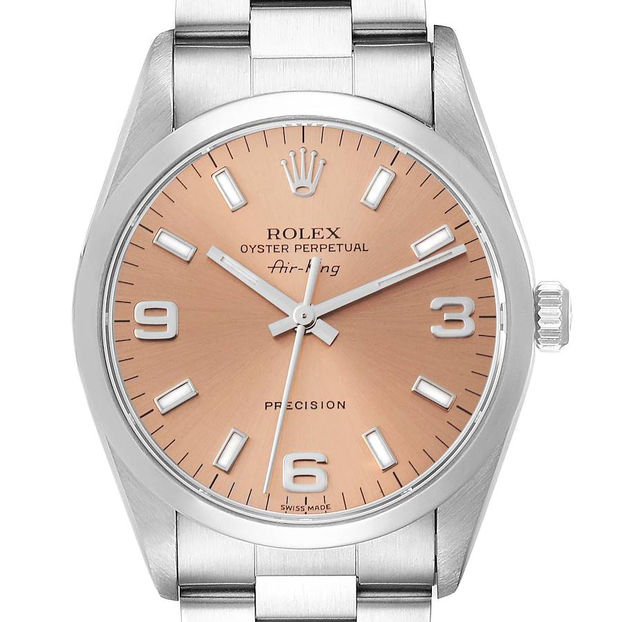 Rolex Air King Salmon Dial Smooth Bezel Steel Mens Watch 14000 SwissWatchExpo