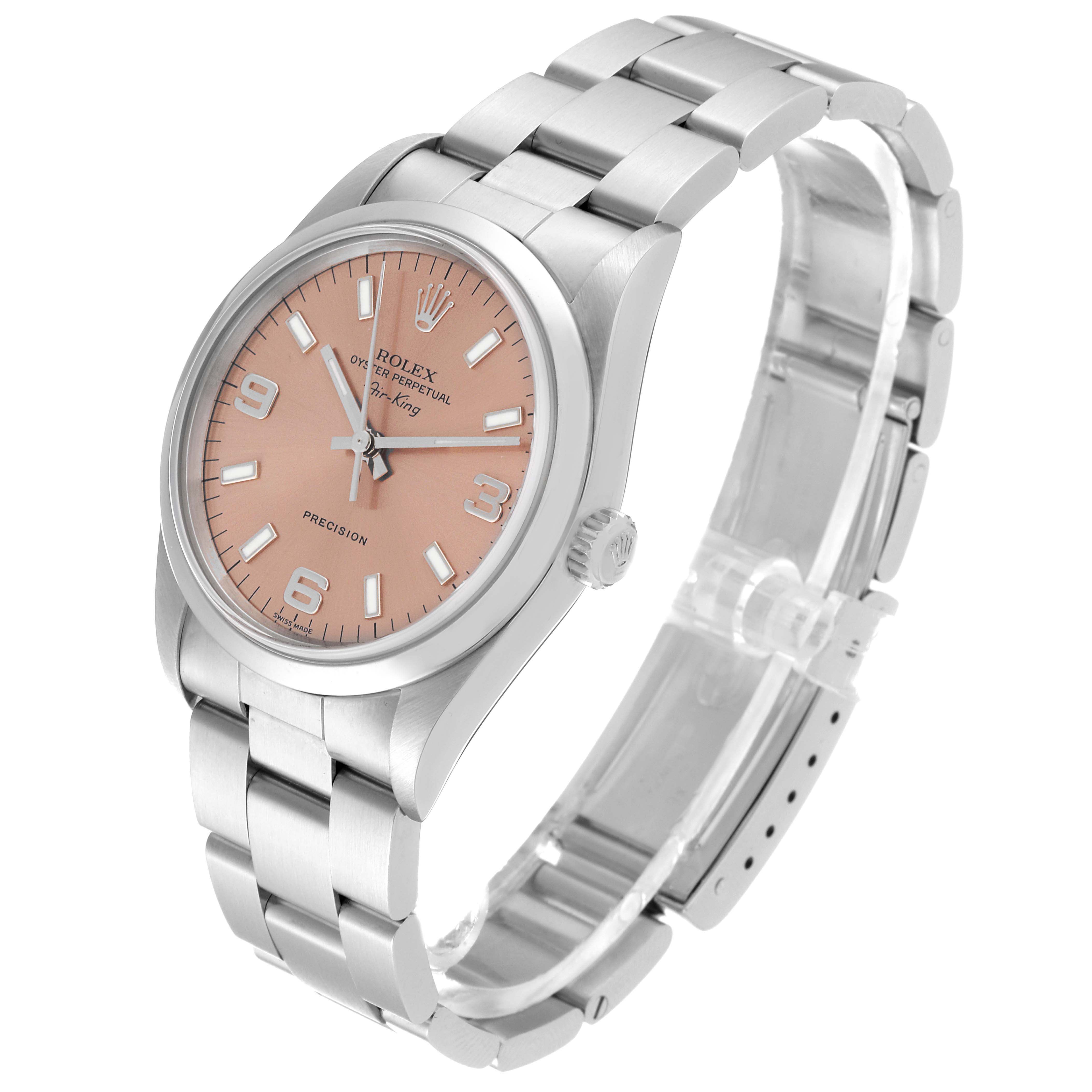 The Rolex Air-King 14000 Men's Stainless Steel Pink Dial 14000 Men's Stainless Steel Pink Dial watch is shown at a three-quarter angle, displaying its pink dial, case, crown, and metal bracelet.