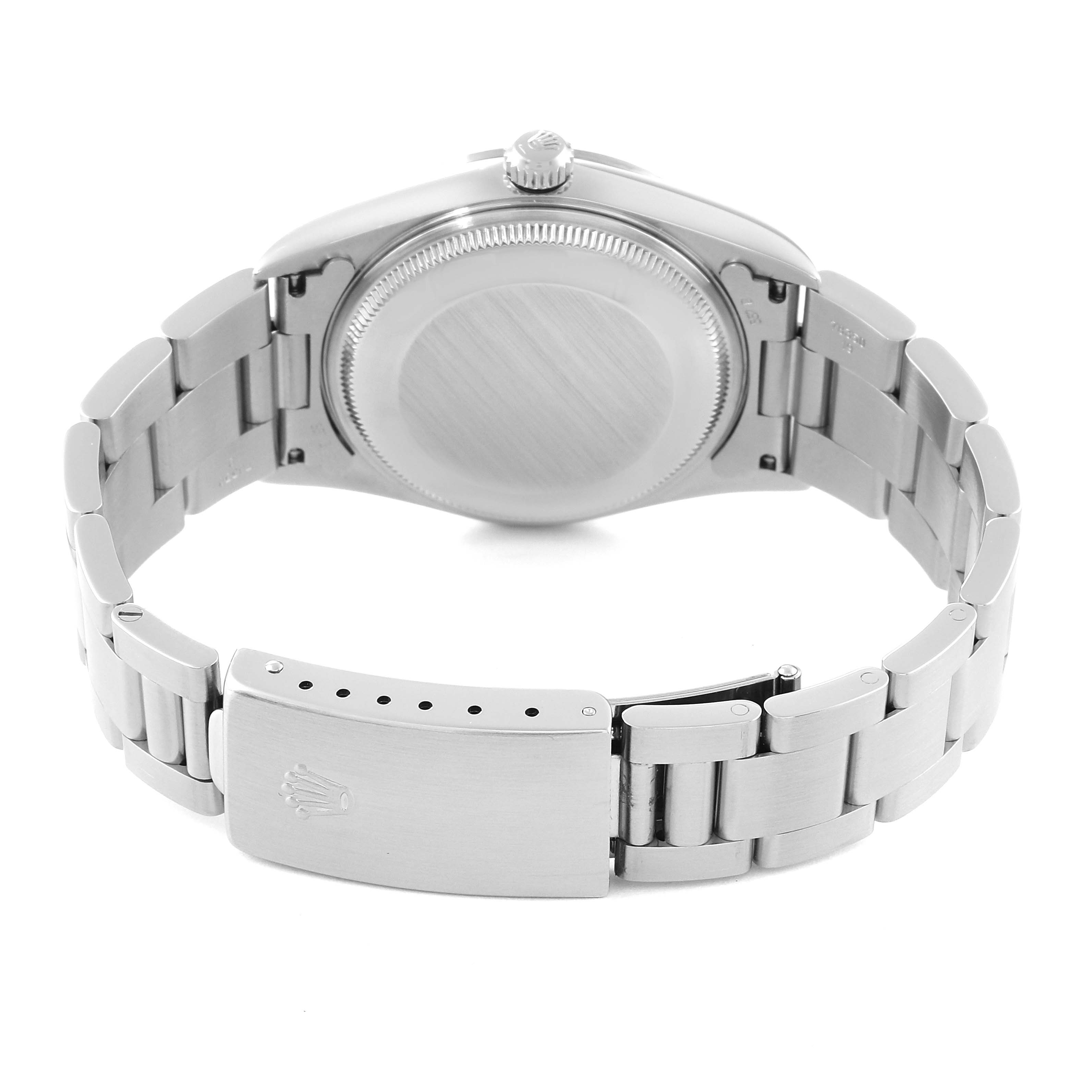 The image shows the back case and bracelet of a Rolex Air-King 14000 Men's Stainless Steel Pink Dial 14000 Men's Stainless Steel Pink Dial watch from a rear angle.