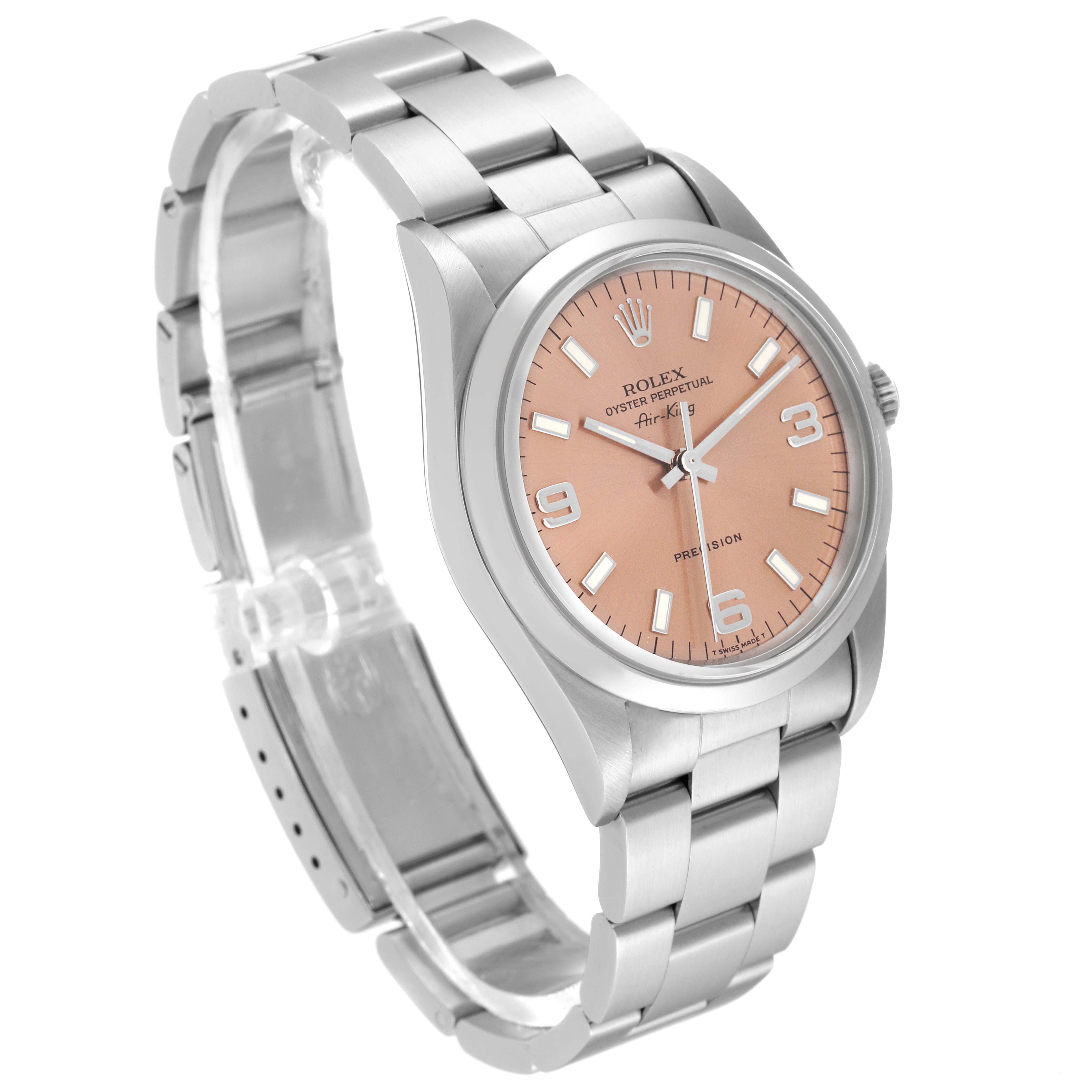 The image shows a Rolex Air-King 14000 Men's Stainless Steel Pink Dial 14000 Men's Stainless Steel Pink Dial watch at an angle, highlighting its face, stainless steel band, and clasp.