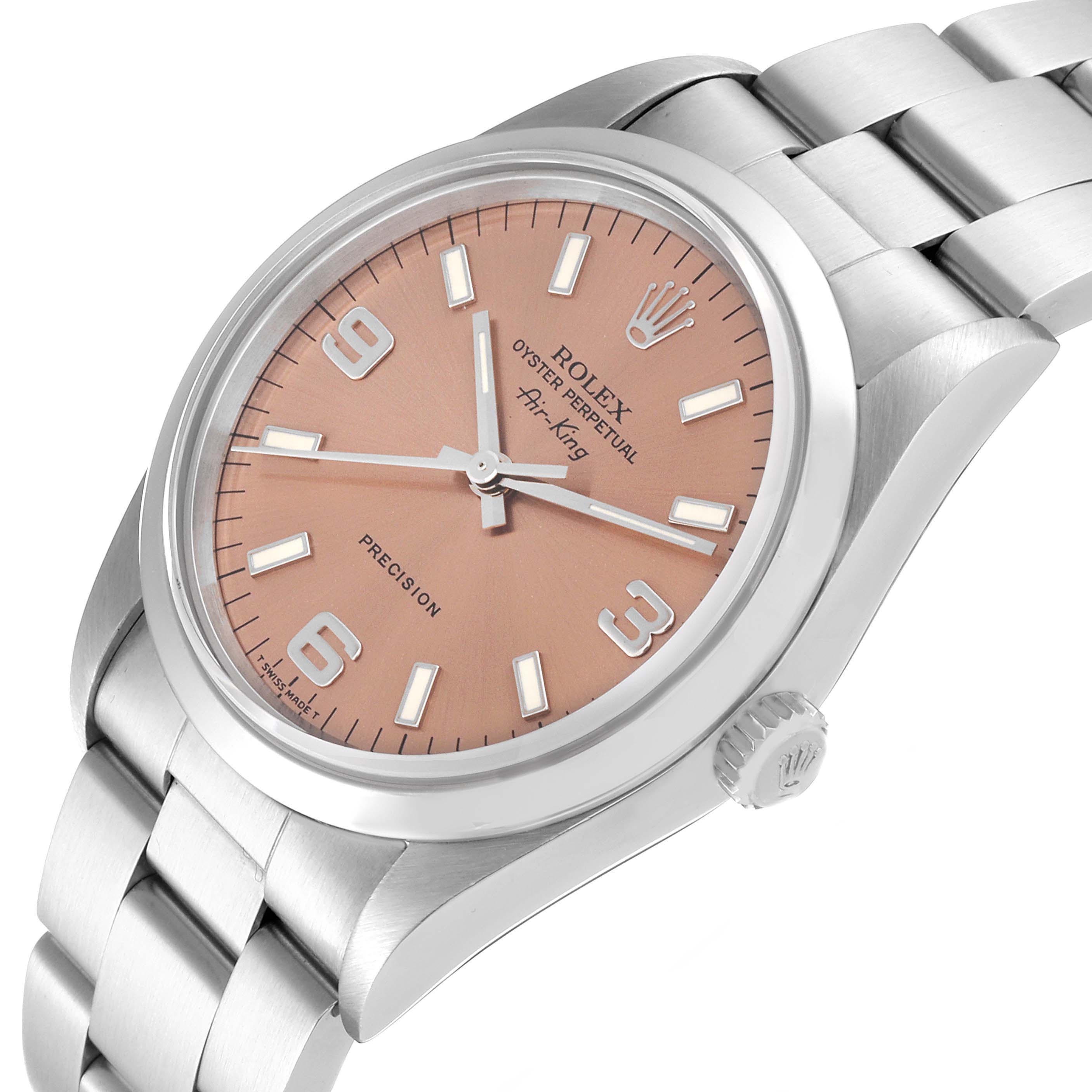 The image shows a Rolex Air-King 14000 Men's Stainless Steel Pink Dial 14000 Men's Stainless Steel Pink Dial watch angled to display the face, bezel, and part of the bracelet.