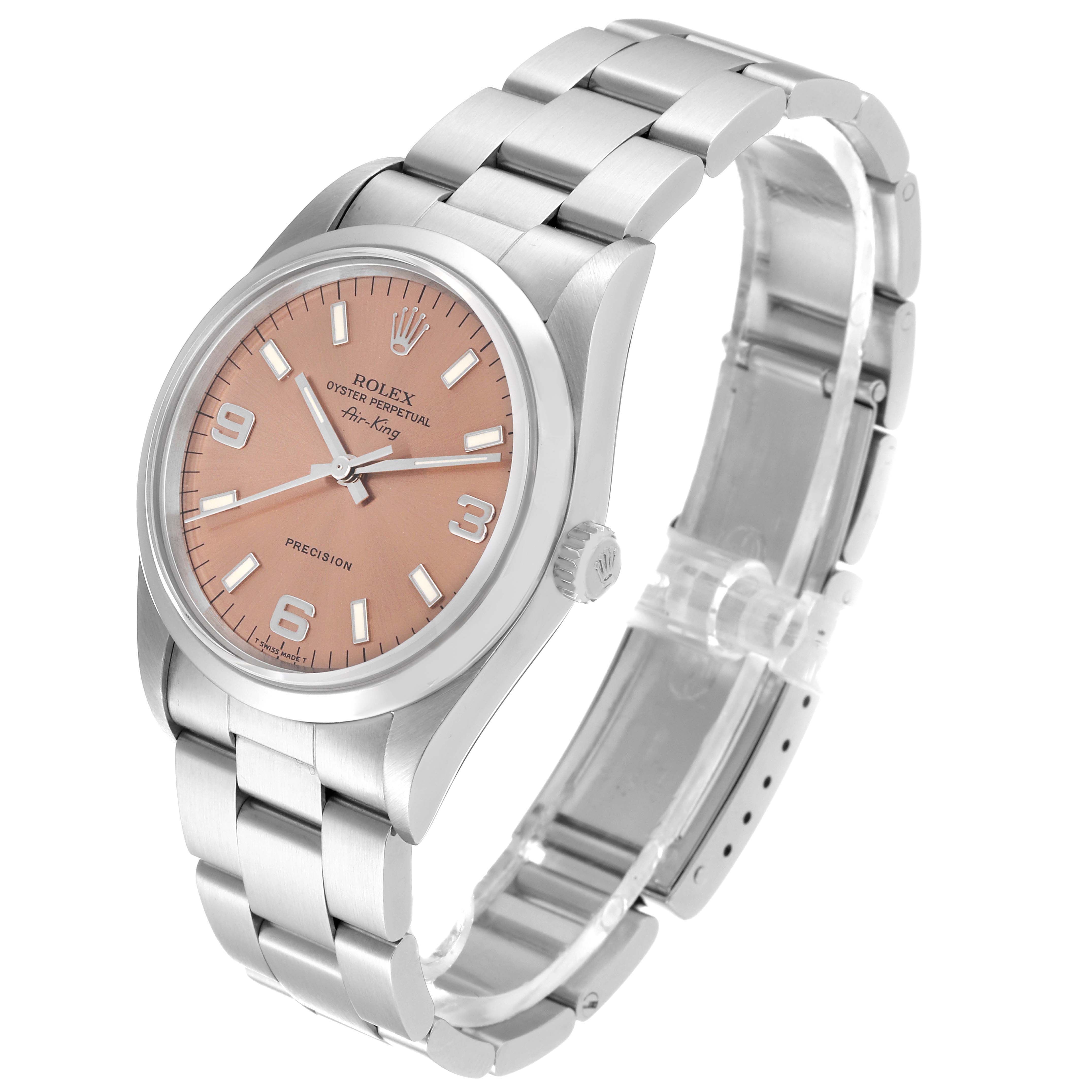 The image shows the Rolex Air-King 14000 Men's Stainless Steel Pink Dial 14000 Men's Stainless Steel Pink Dial watch angled to display the dial, bezel, bracelet, and crown.