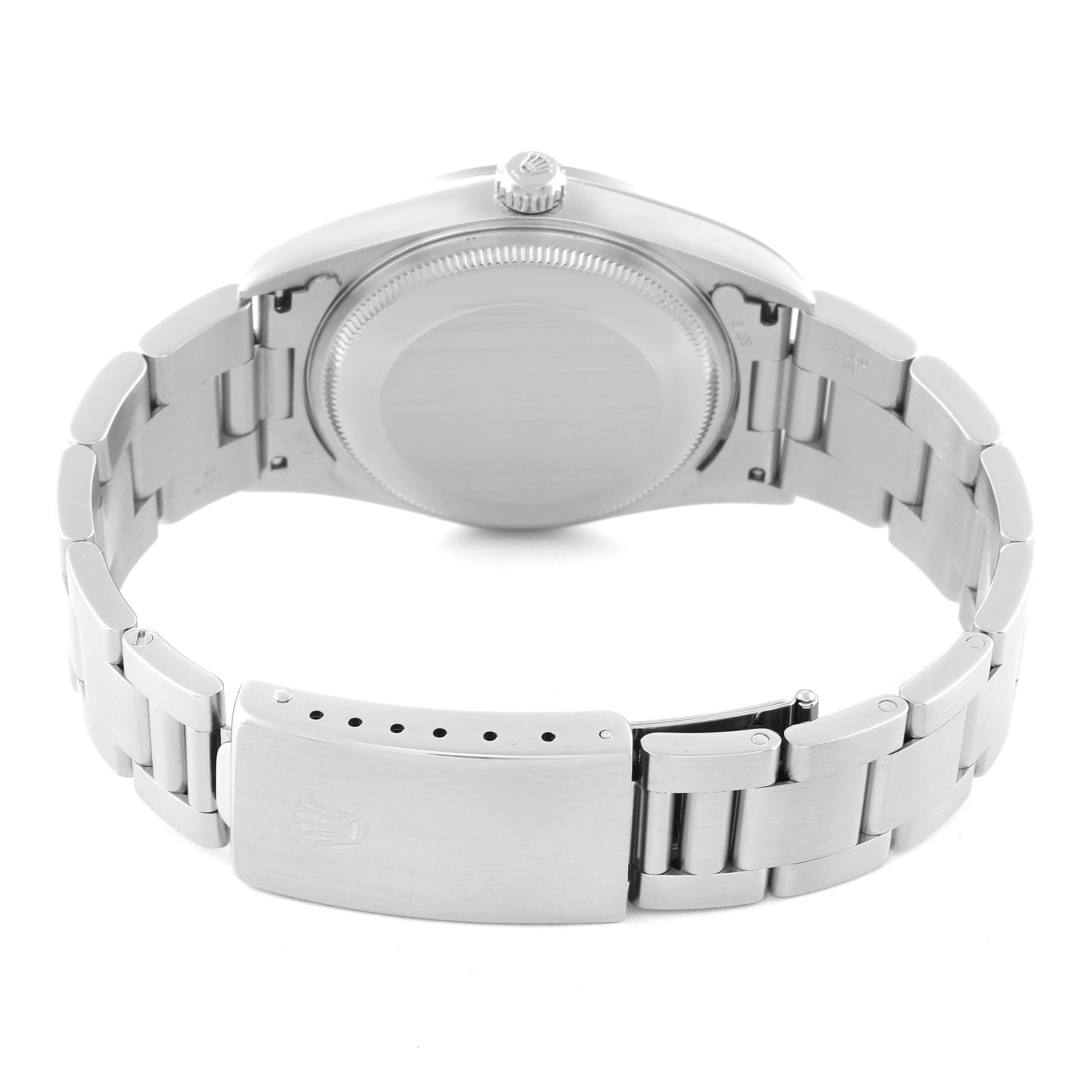 The image shows the back view of a Rolex Air-King 14000 Men's Stainless Steel Pink Dial 14000 Men's Stainless Steel Pink Dial watch, displaying the case back, crown, and bracelet with the clasp.