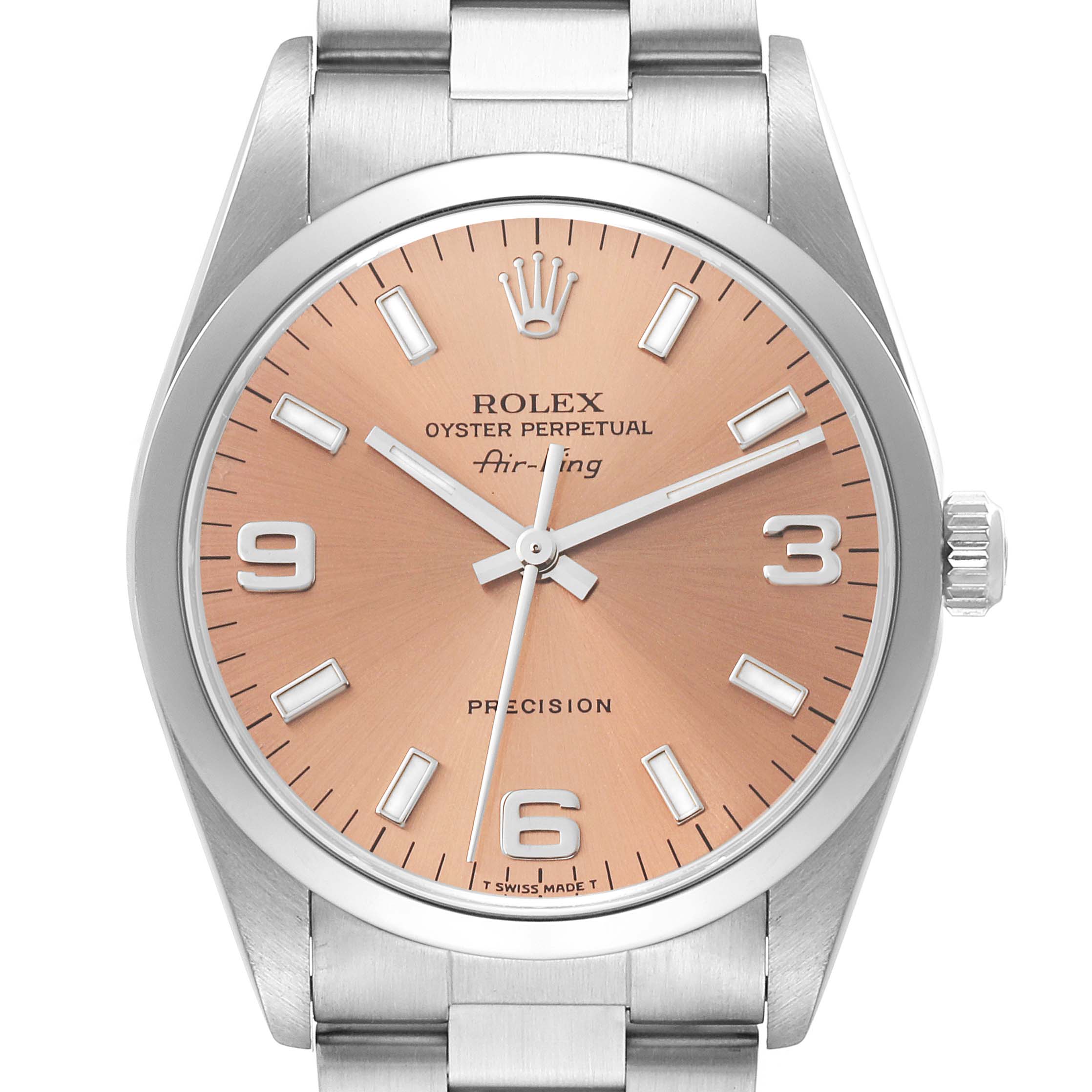 This image shows a front view of a Rolex Air-King 14000 Men's Stainless Steel Pink Dial 14000 Men's Stainless Steel Pink Dial watch, highlighting its dial, hands, indices, and crown.