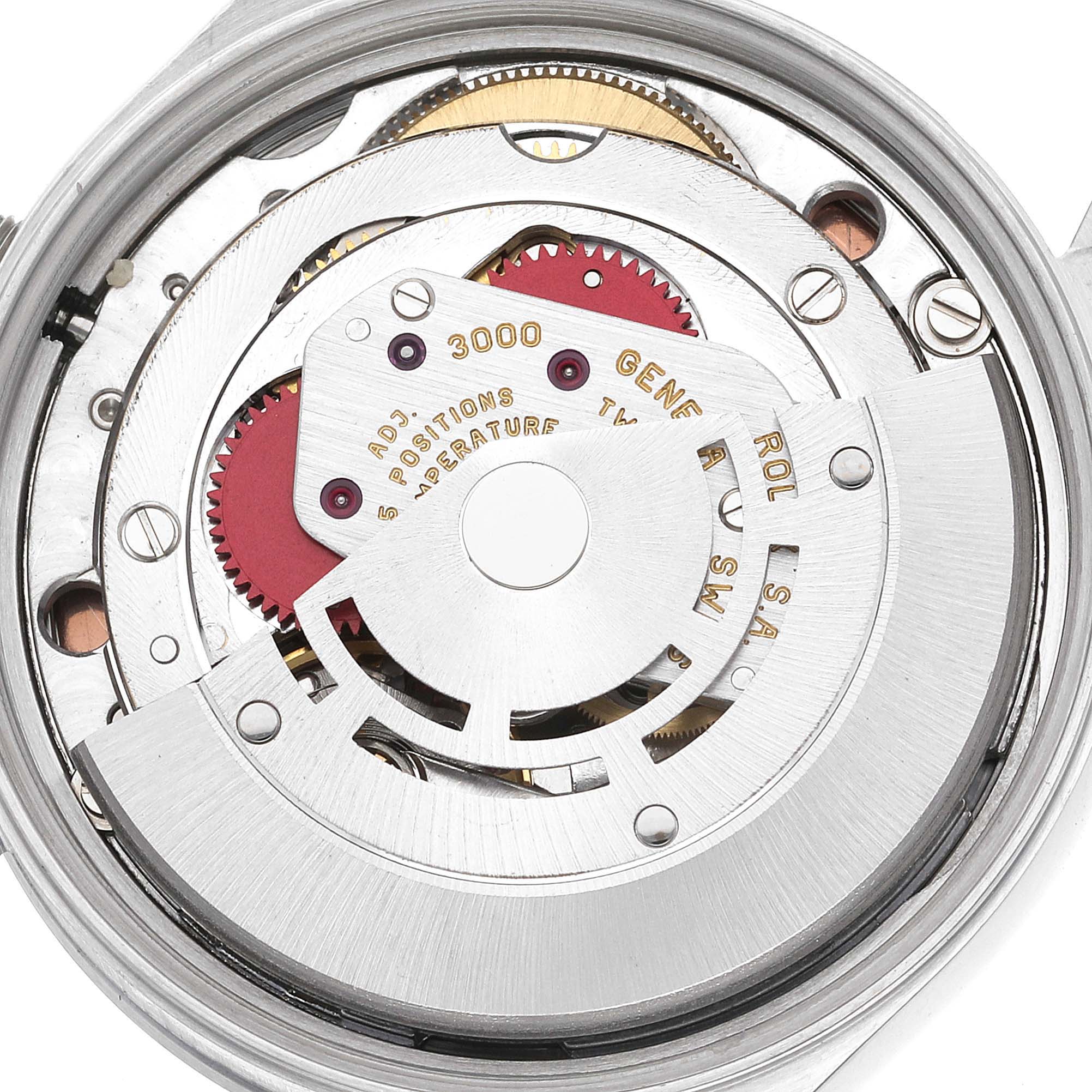 The image shows the internal mechanism of a Rolex Air-King 14000 Men's Stainless Steel Pink Dial 14000 Men's Stainless Steel Pink Dial watch from a top-down angle, highlighting its gears and components.