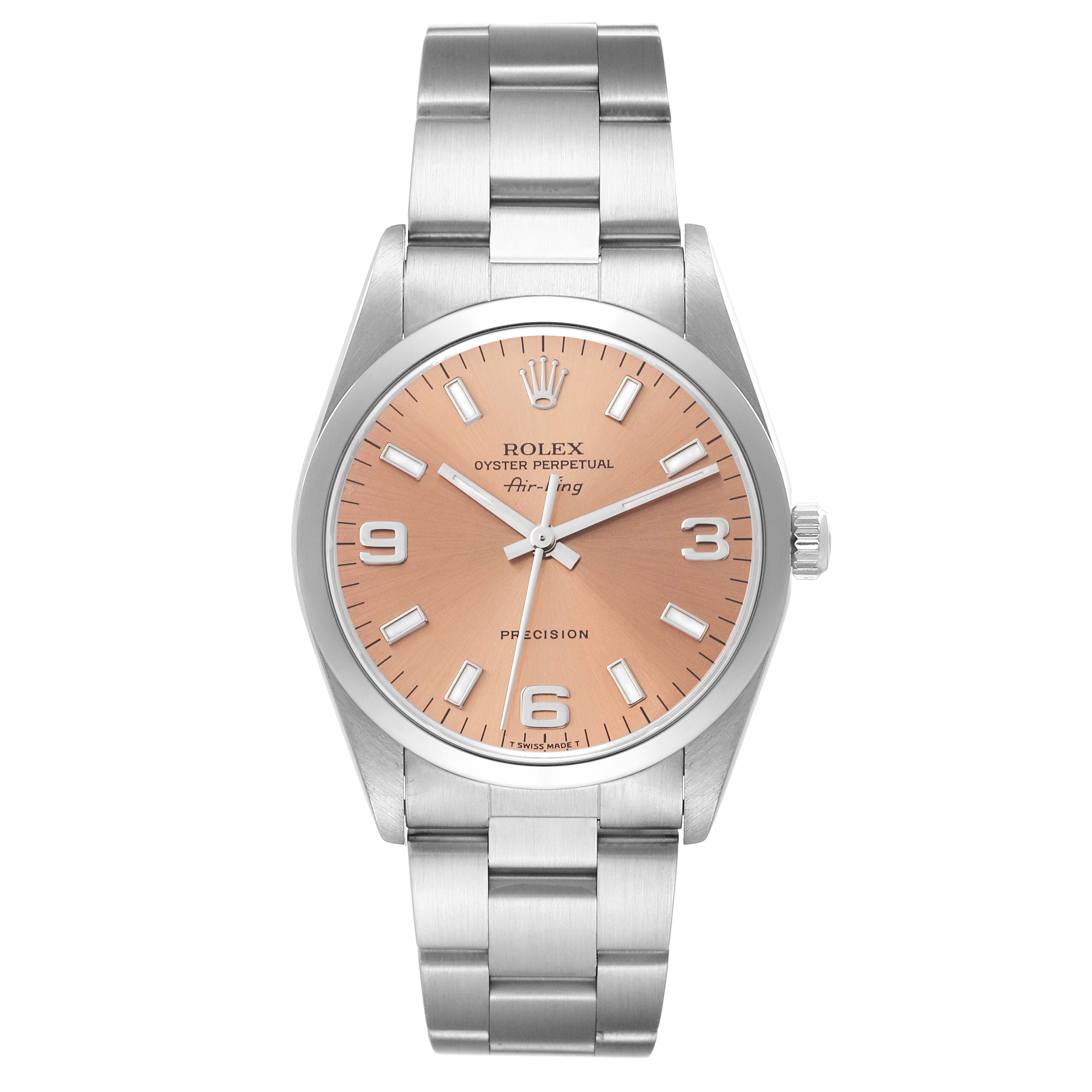 The image shows a front view of the Rolex Air-King 14000 Men's Stainless Steel Pink Dial 14000 Men's Stainless Steel Pink Dial watch, highlighting its face, bezel, and bracelet.