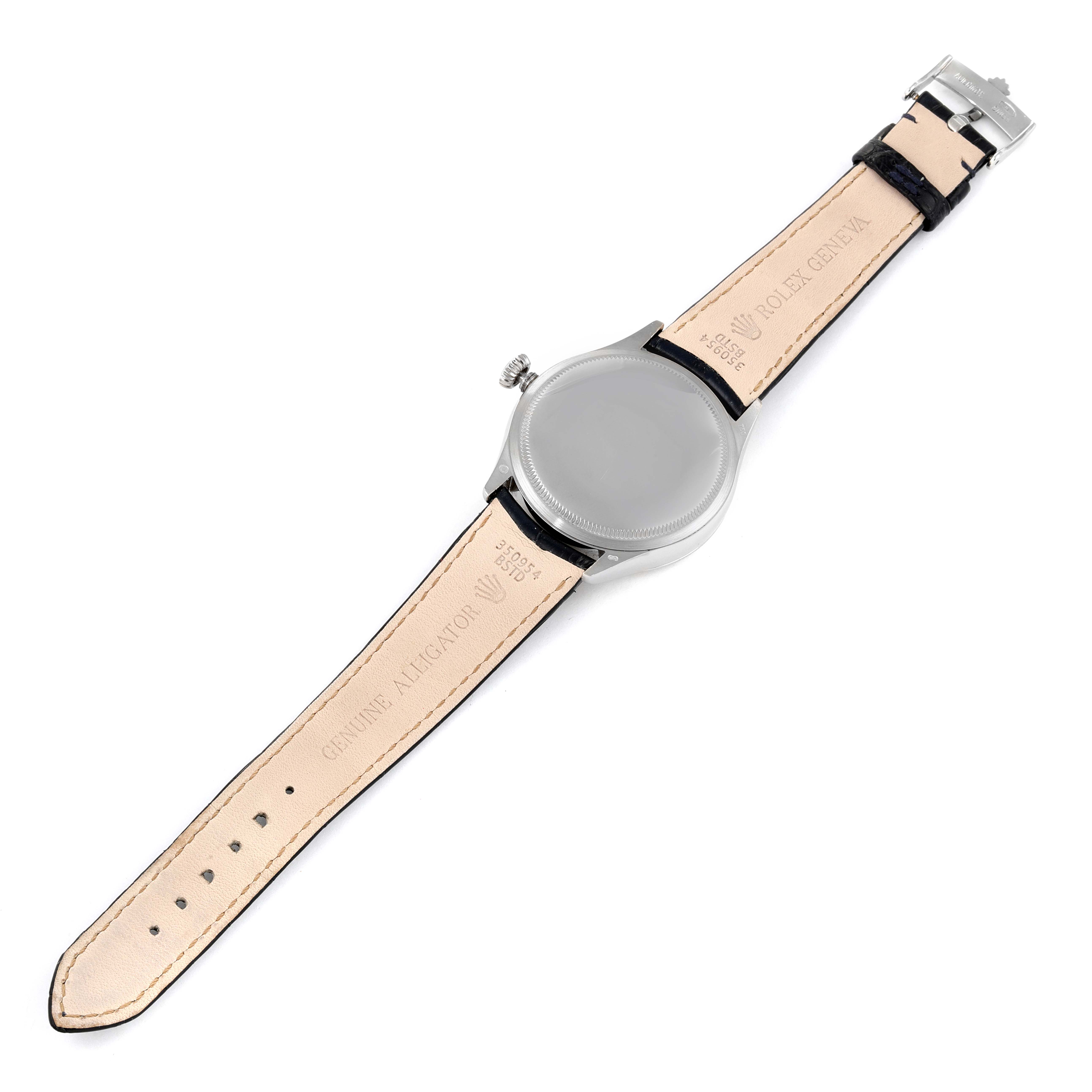 The image shows the back view of a Rolex Cellini 50519 Men's White Gold Blue Dial 50519 Men's White Gold Blue Dial watch with its leather strap fully extended and visible.