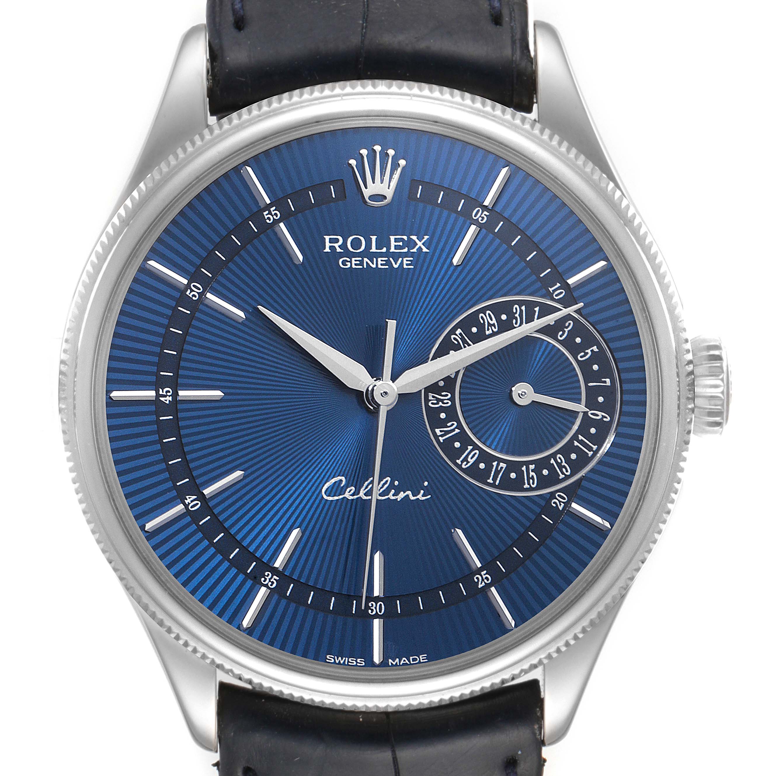 The image shows a front view of a Rolex Cellini 50519 Men's White Gold Blue Dial 50519 Men's White Gold Blue Dial watch, featuring a blue dial with two hands and a subdial displaying the date.