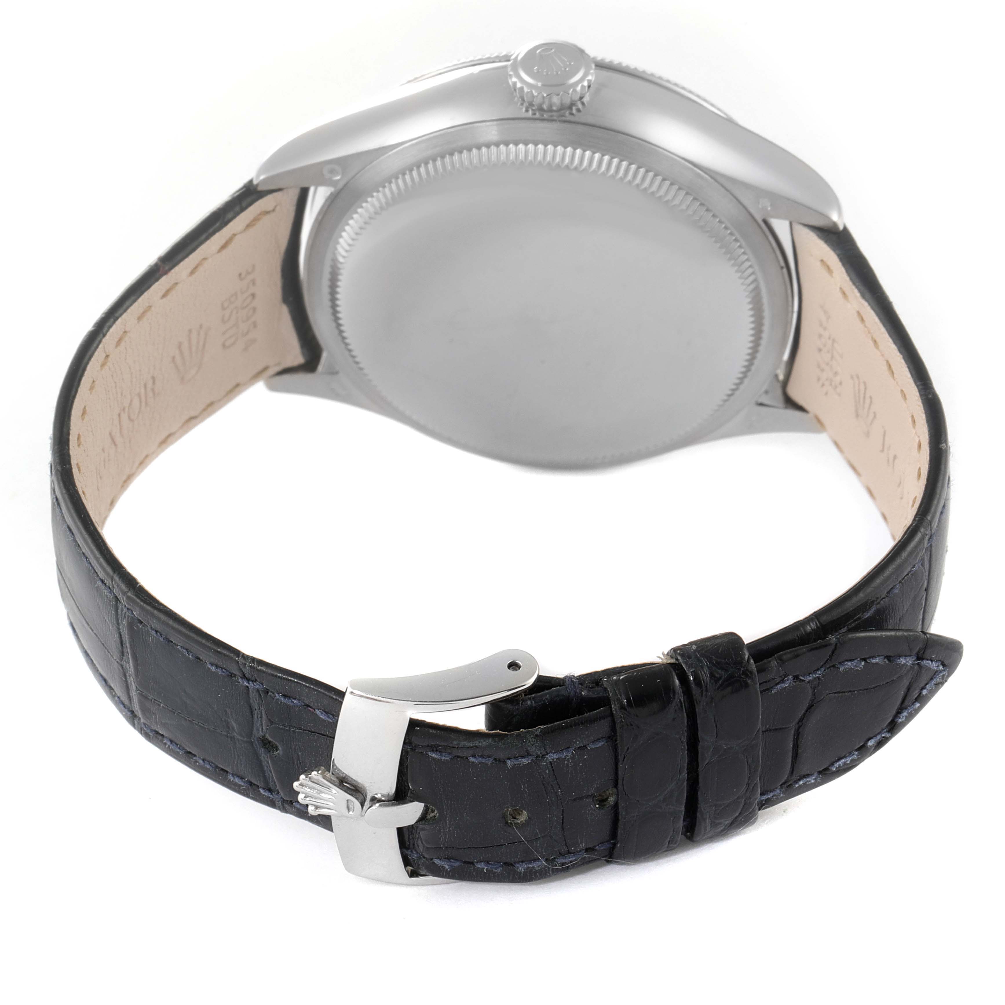 This image shows the back view of a Rolex Cellini 50519 Men's White Gold Blue Dial 50519 Men's White Gold Blue Dial watch, highlighting the caseback, crown, leather strap, and buckle.