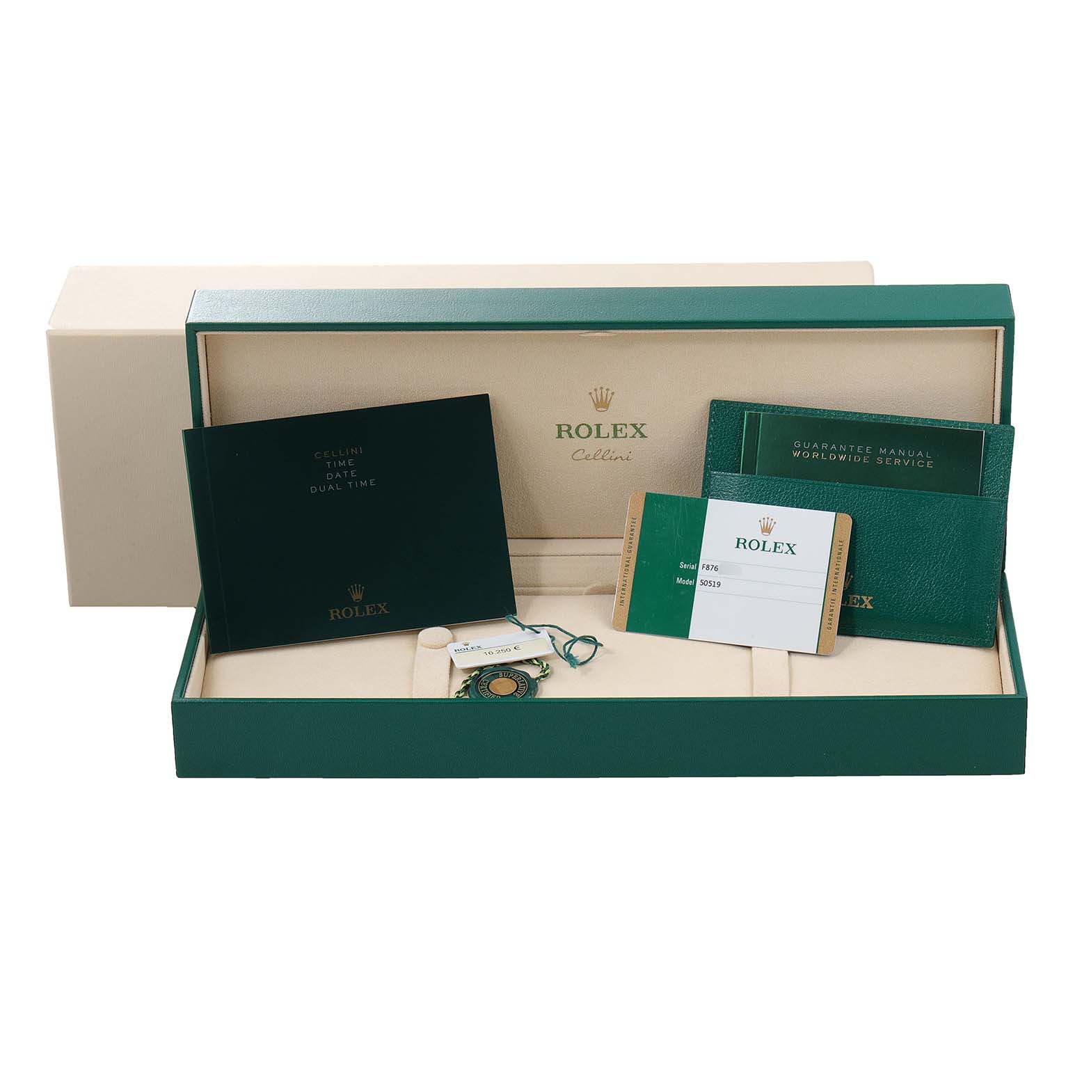 The image shows an open Rolex Cellini 50519 Men's White Gold Blue Dial 50519 Men's White Gold Blue Dial watch box with manuals, warranty card, tag, and other accessories.