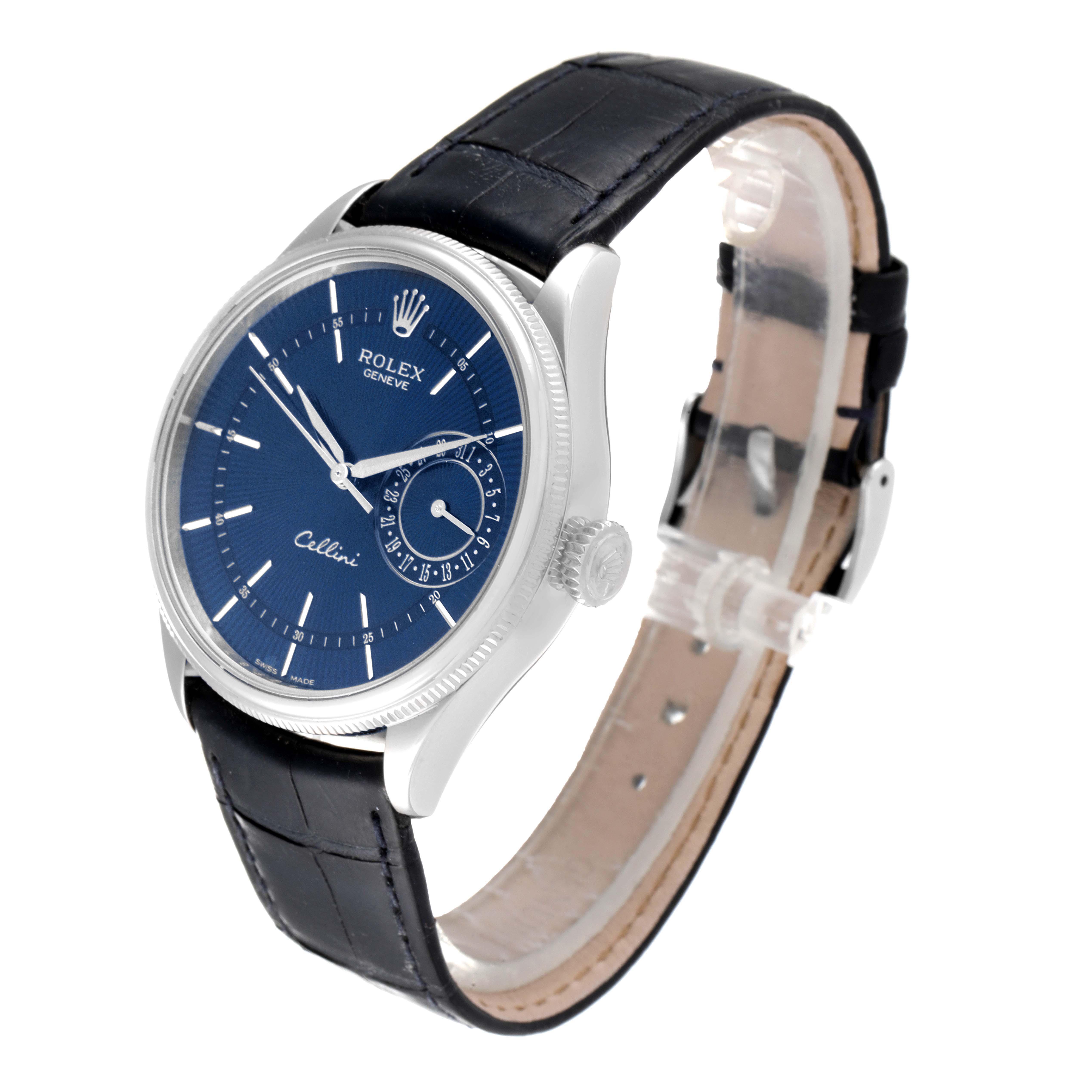 The Rolex Cellini 50519 Men's White Gold Blue Dial 50519 Men's White Gold Blue Dial watch is shown at a three-quarter angle featuring a blue dial, silver case, and black leather strap.