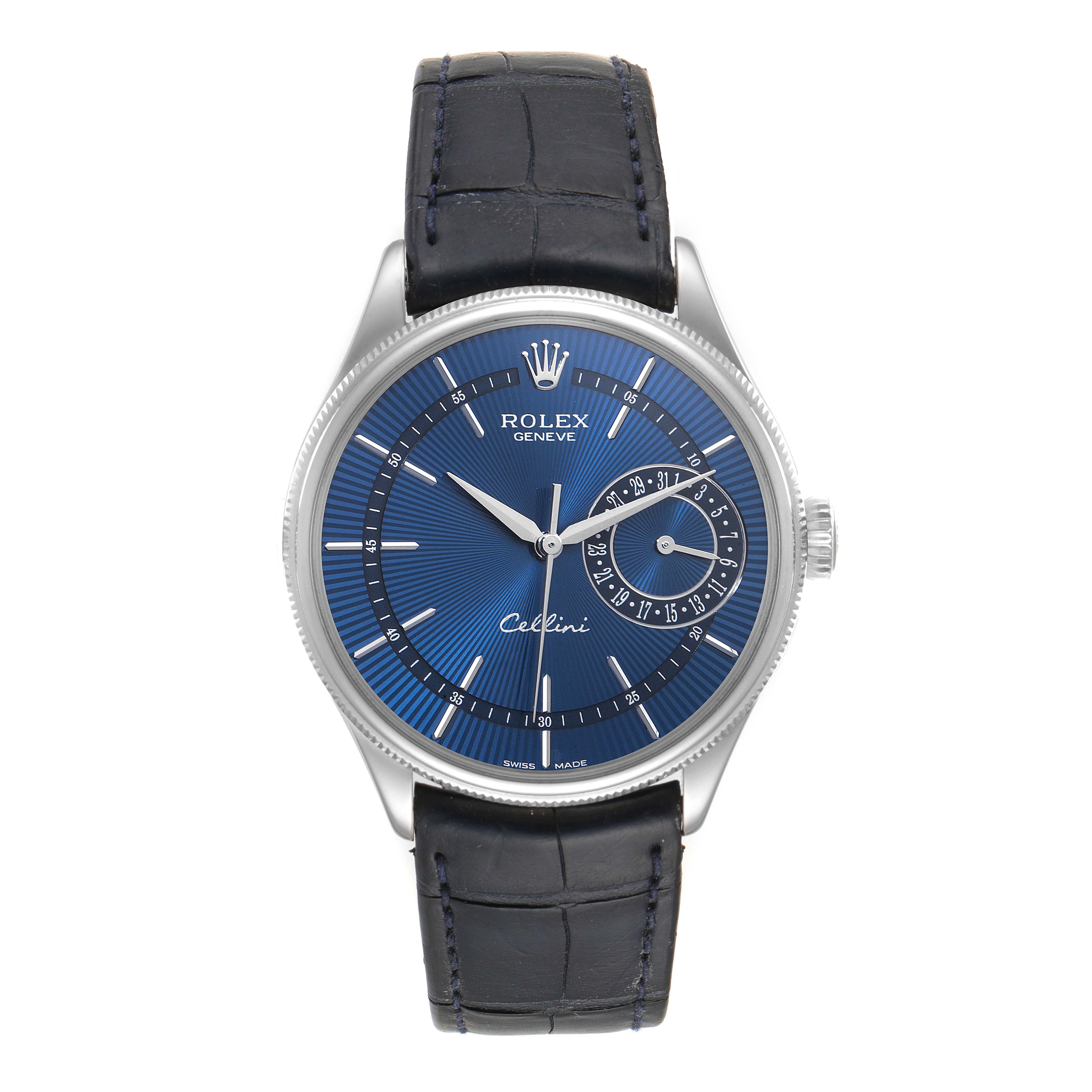 The image shows a frontal view of a Rolex Cellini 50519 Men's White Gold Blue Dial 50519 Men's White Gold Blue Dial watch, featuring a blue dial, silver hands, and a black leather strap.