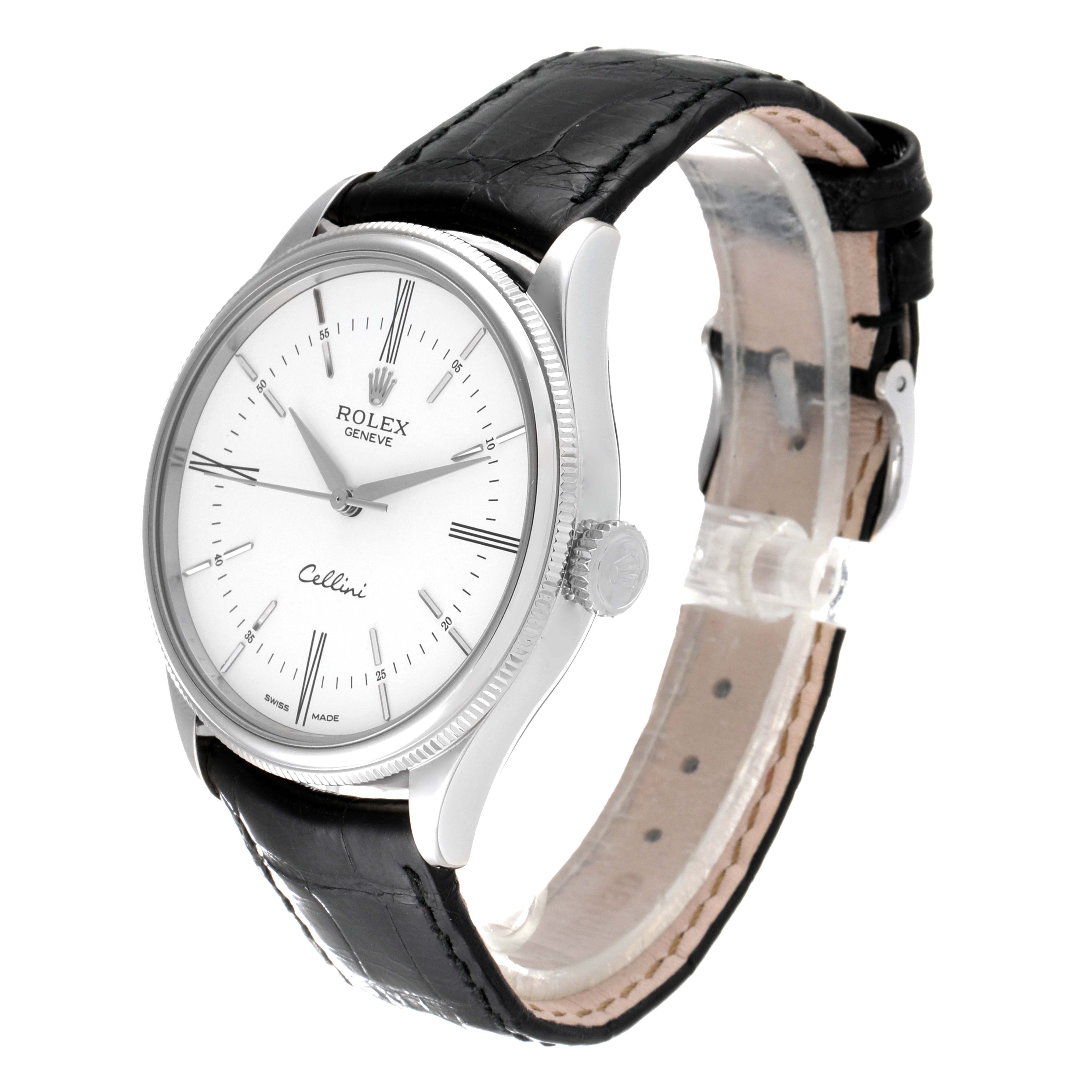 The Rolex Cellini 50509 Men's Stainless Steel White Dial 50509 Men's Stainless Steel White Dial model watch is shown at a three-quarter angle, displaying the face, bezel, crown, and black leather strap.
