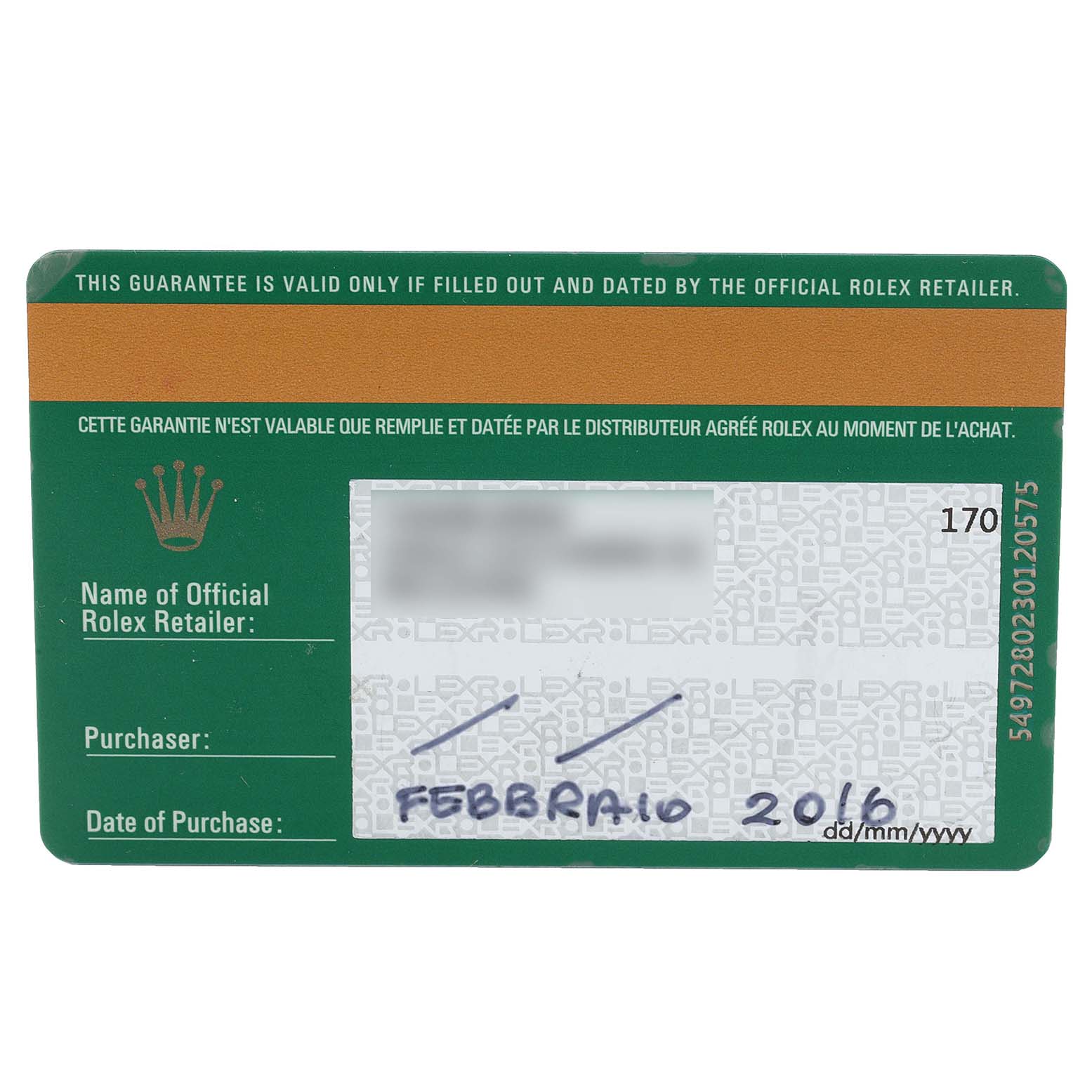 The image shows a warranty card for a Rolex Cellini 50509 Men's Stainless Steel White Dial 50509 Men's Stainless Steel White Dial watch, filled with purchase details and retailer information.