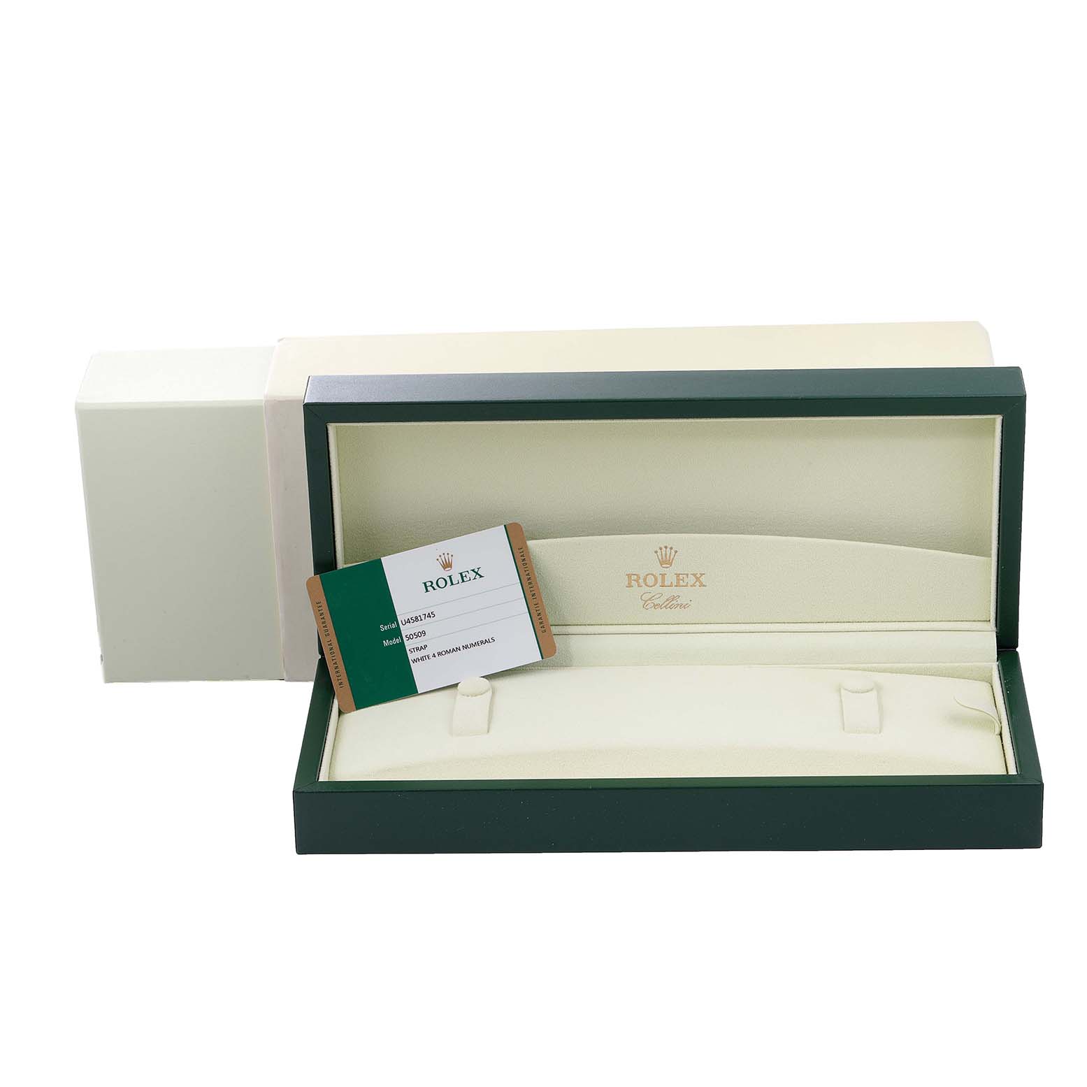 The image shows a Rolex Cellini 50509 Men's Stainless Steel White Dial 50509 Men's Stainless Steel White Dial watch box and warranty card, with the box open to display the inner watch cushion.
