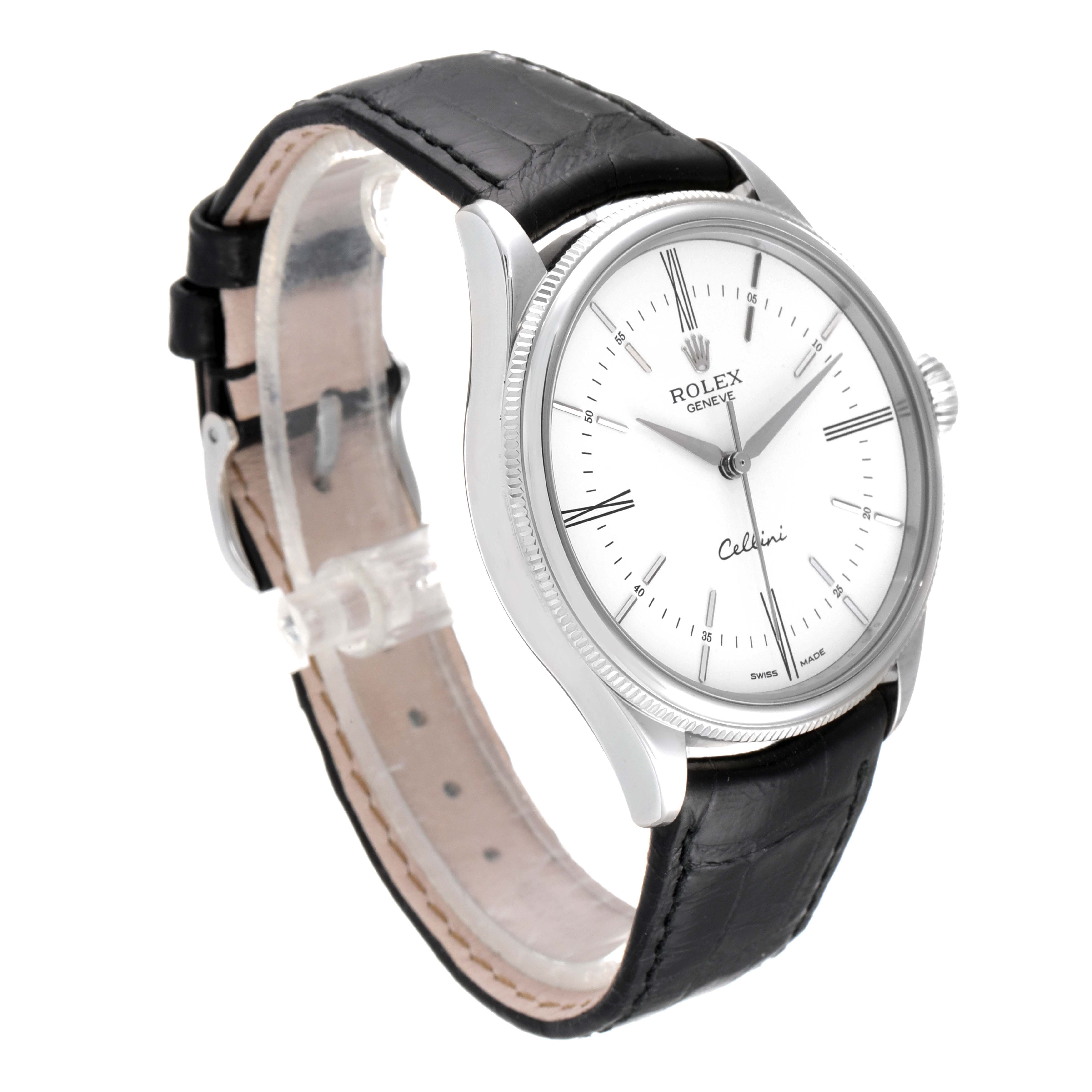 The image shows a Rolex Cellini 50509 Men's Stainless Steel White Dial 50509 Men's Stainless Steel White Dial watch at a slight angled view, displaying its face, bezel, case, and leather strap.