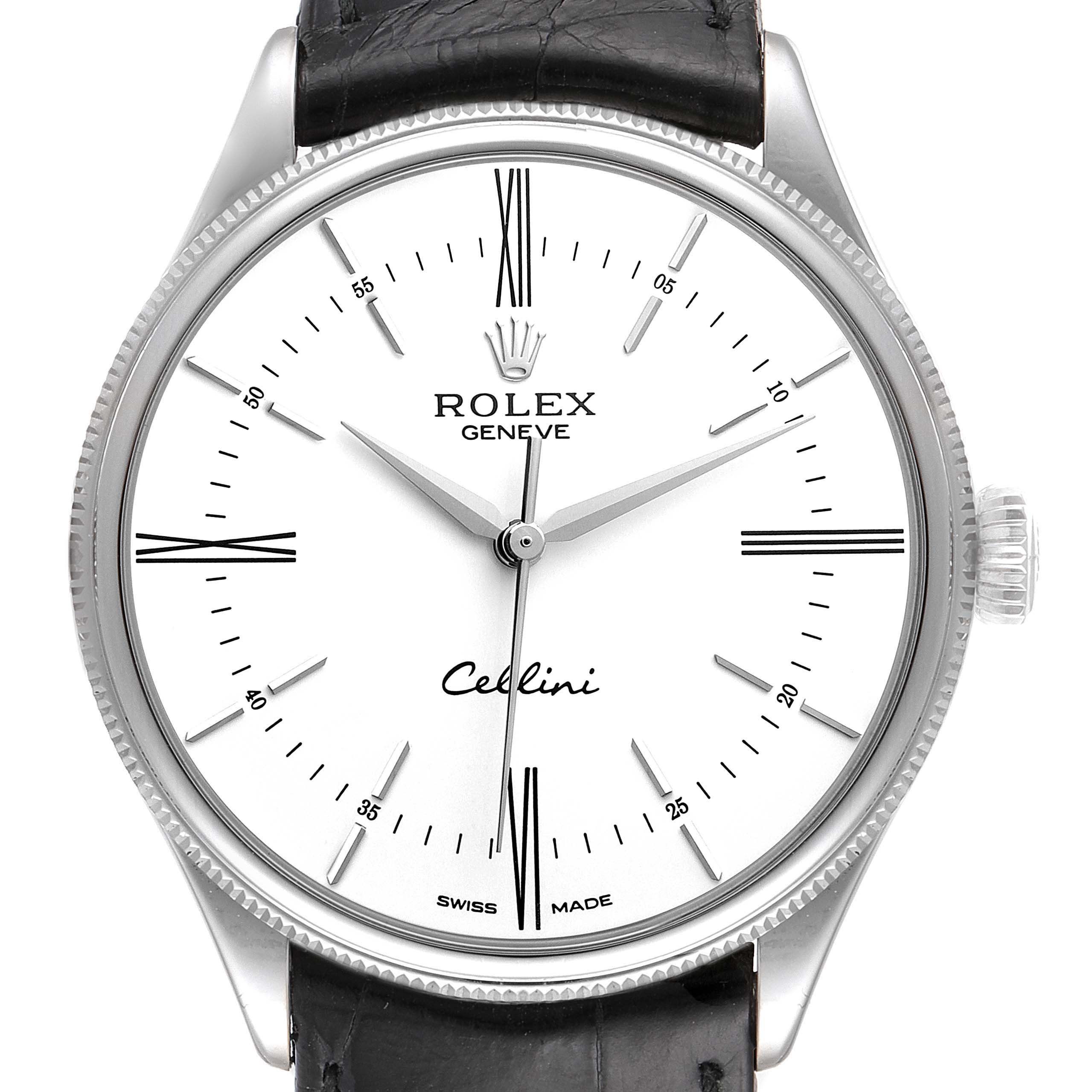 The image shows a front-facing view of a Rolex Cellini 50509 Men's Stainless Steel White Dial 50509 Men's Stainless Steel White Dial watch displaying the dial, hands, and part of the leather strap.
