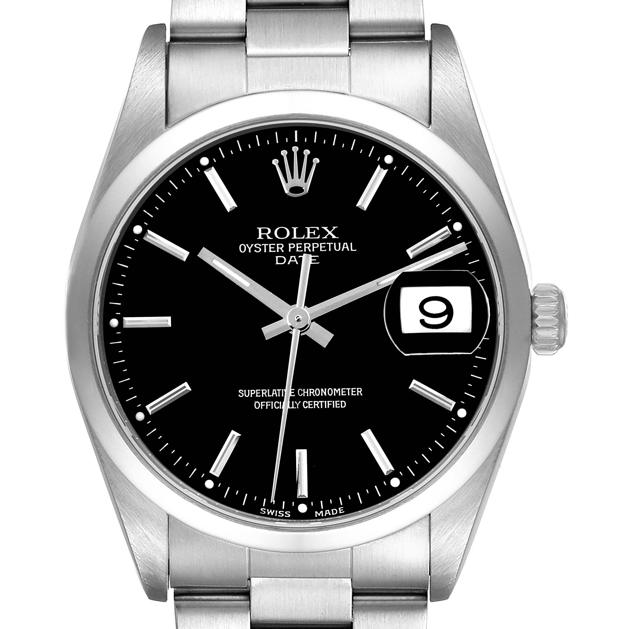 The image shows a front view of the Rolex Oyster Perpetual Date watch, focusing on the dial, bezel, and part of the bracelet.