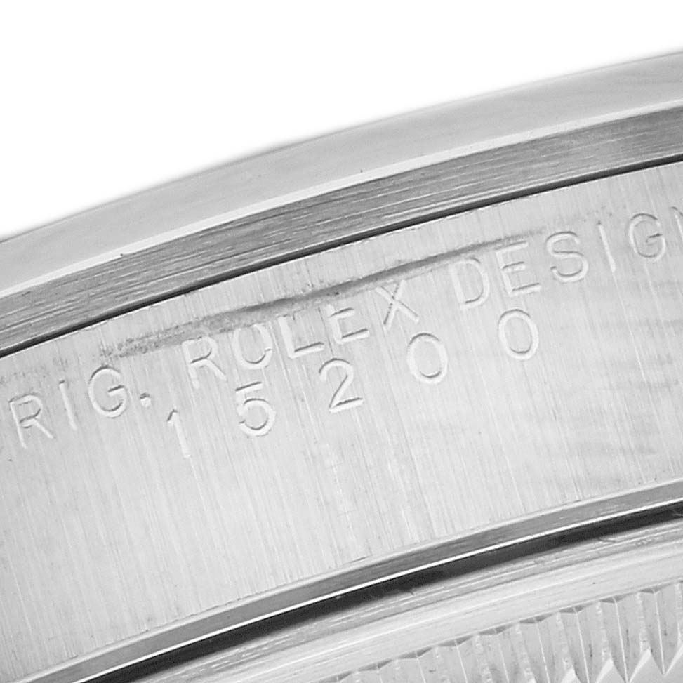 This image shows a close-up of the side engraving on a Rolex Date 15200 Men
s Stainless Steel Black Dial 15200 Men
s Stainless Steel Black Dial model watch, displaying the model number 15200.