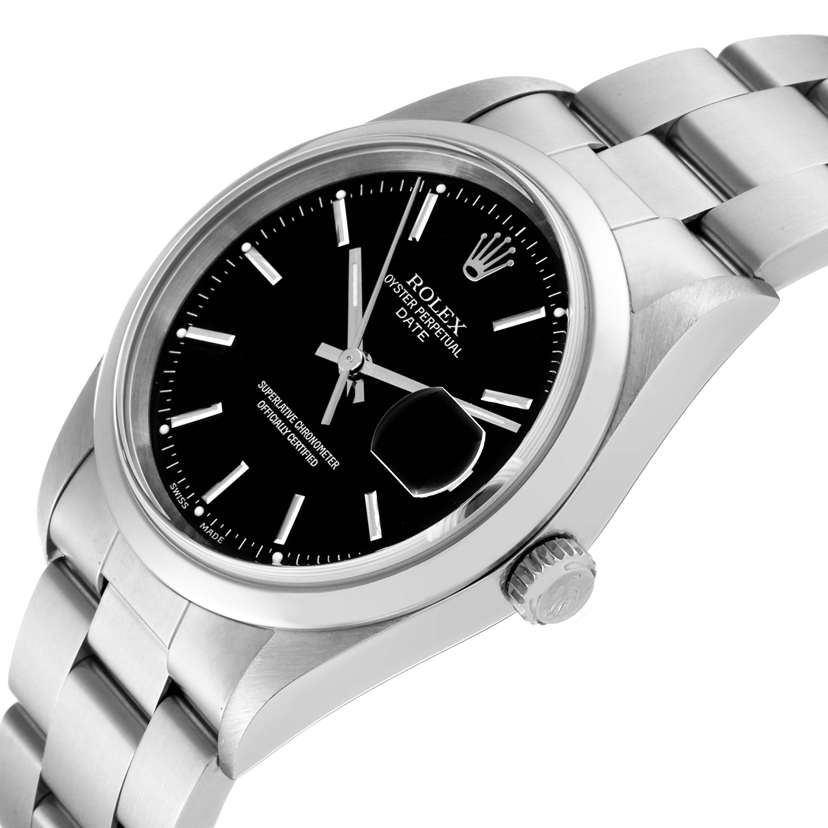 The image shows a side angle of a Rolex Date 15200 Men
s Stainless Steel Black Dial 15200 Men
s Stainless Steel Black Dial model, highlighting the dial, bracelet, crown, and part of the bezel.