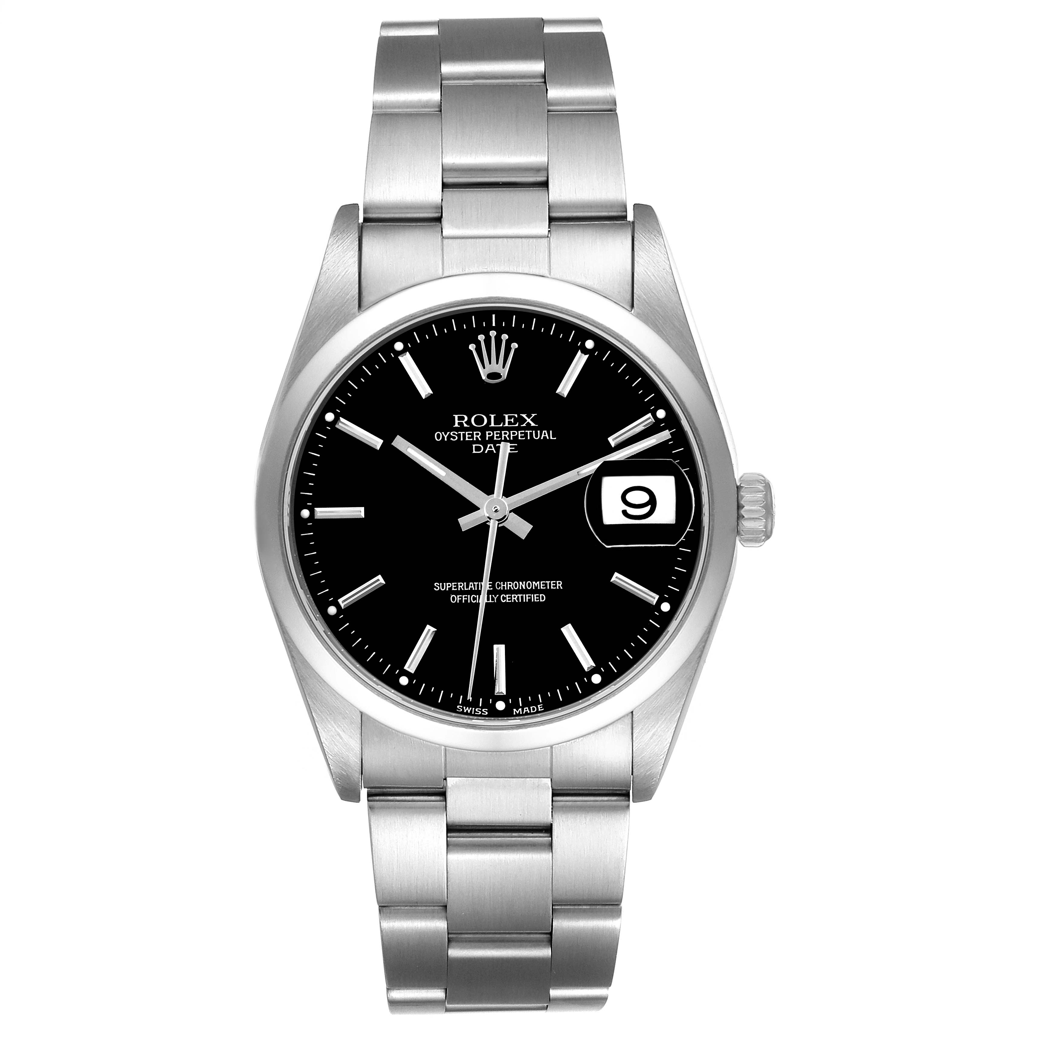 The image shows a front view of a Rolex Date 15200 Men
s Stainless Steel Black Dial 15200 Men
s Stainless Steel Black Dial model watch, displaying its black dial, date window, and stainless steel bracelet.