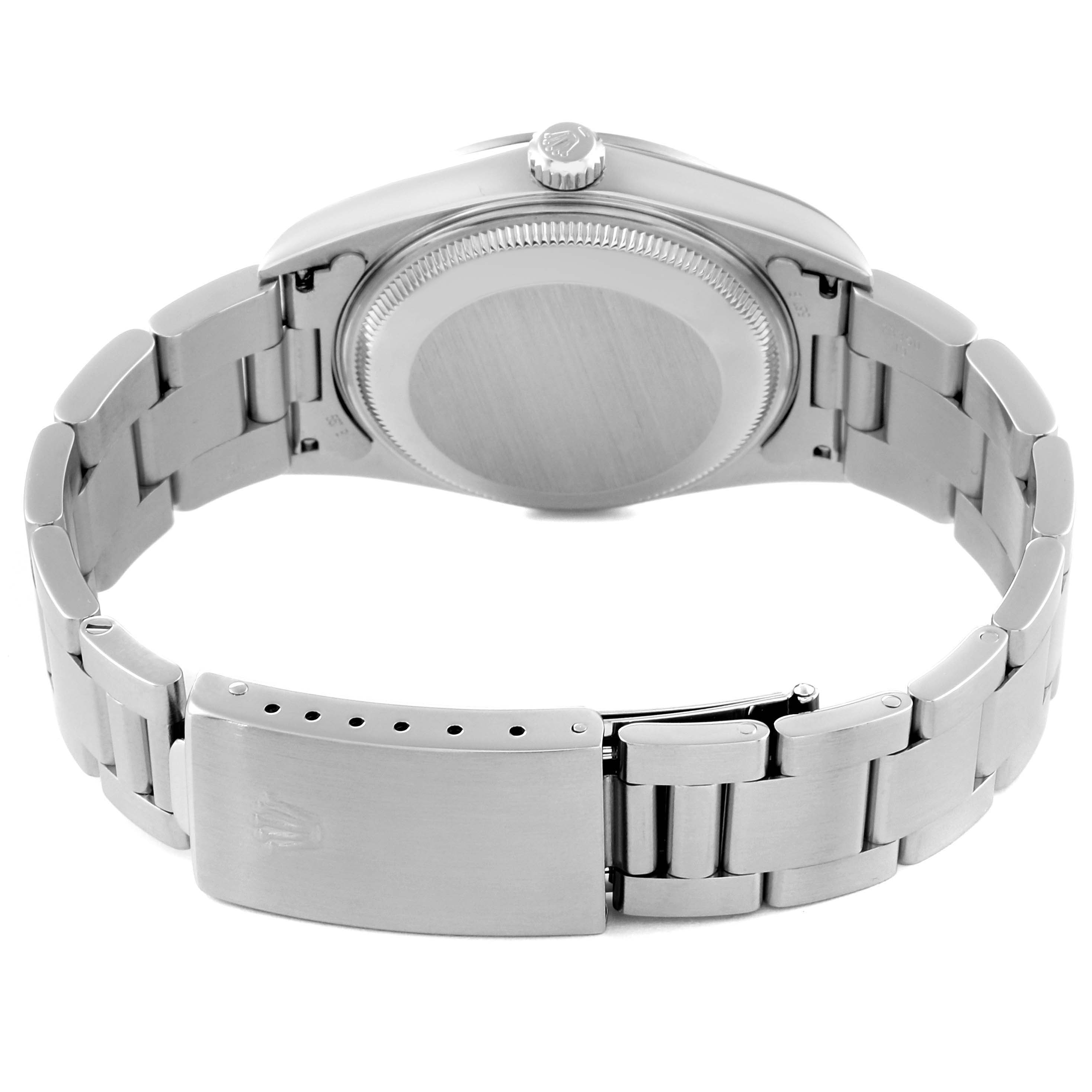 The image shows the back view of a Rolex Date 15200 Men
s Stainless Steel Black Dial 15200 Men
s Stainless Steel Black Dial model watch, highlighting the case back, crown, and bracelet clasp.