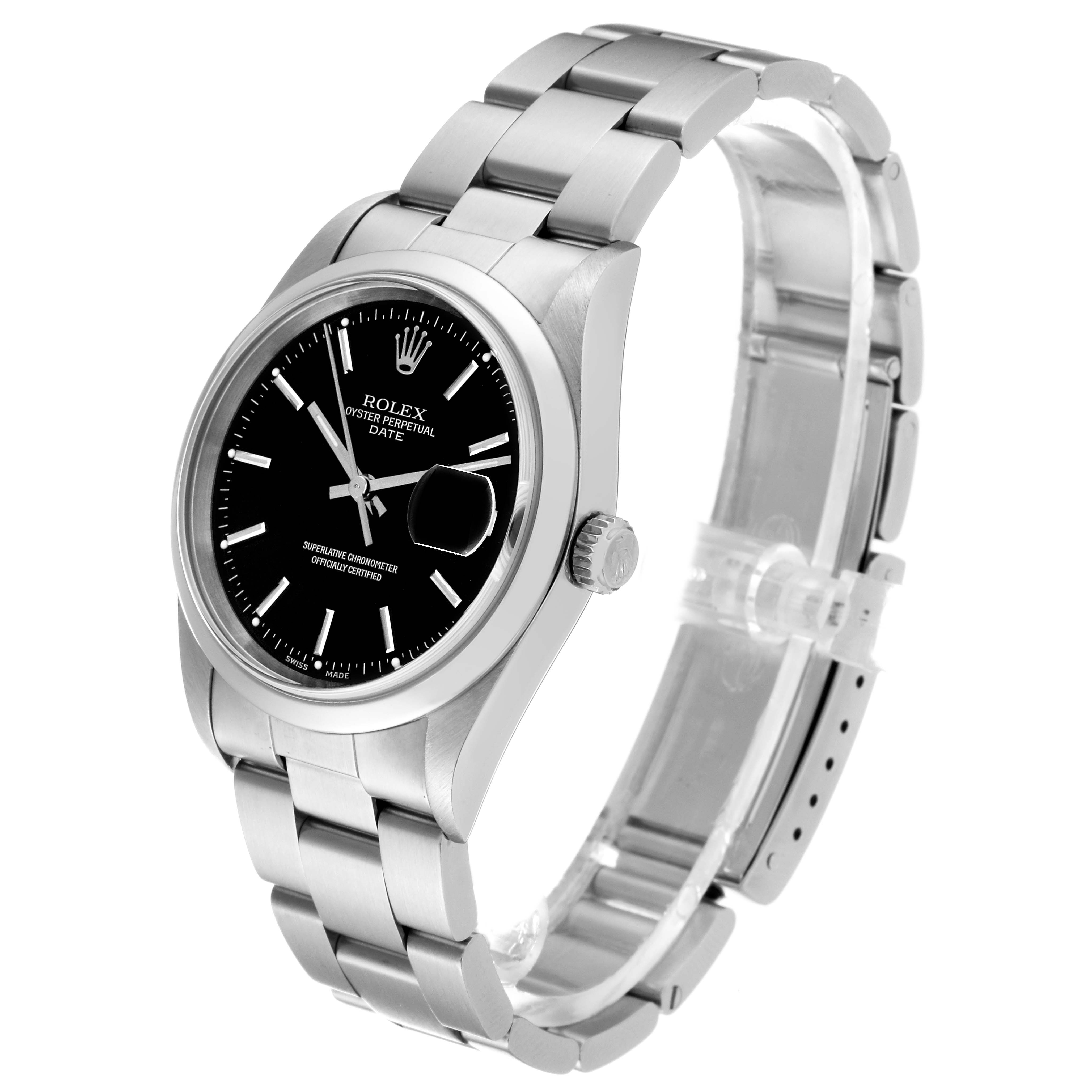 The image shows a side angle of a Rolex Date 15200 Men
s Stainless Steel Black Dial 15200 Men
s Stainless Steel Black Dial model watch, displaying the black dial, bezel, crown, and metal bracelet.