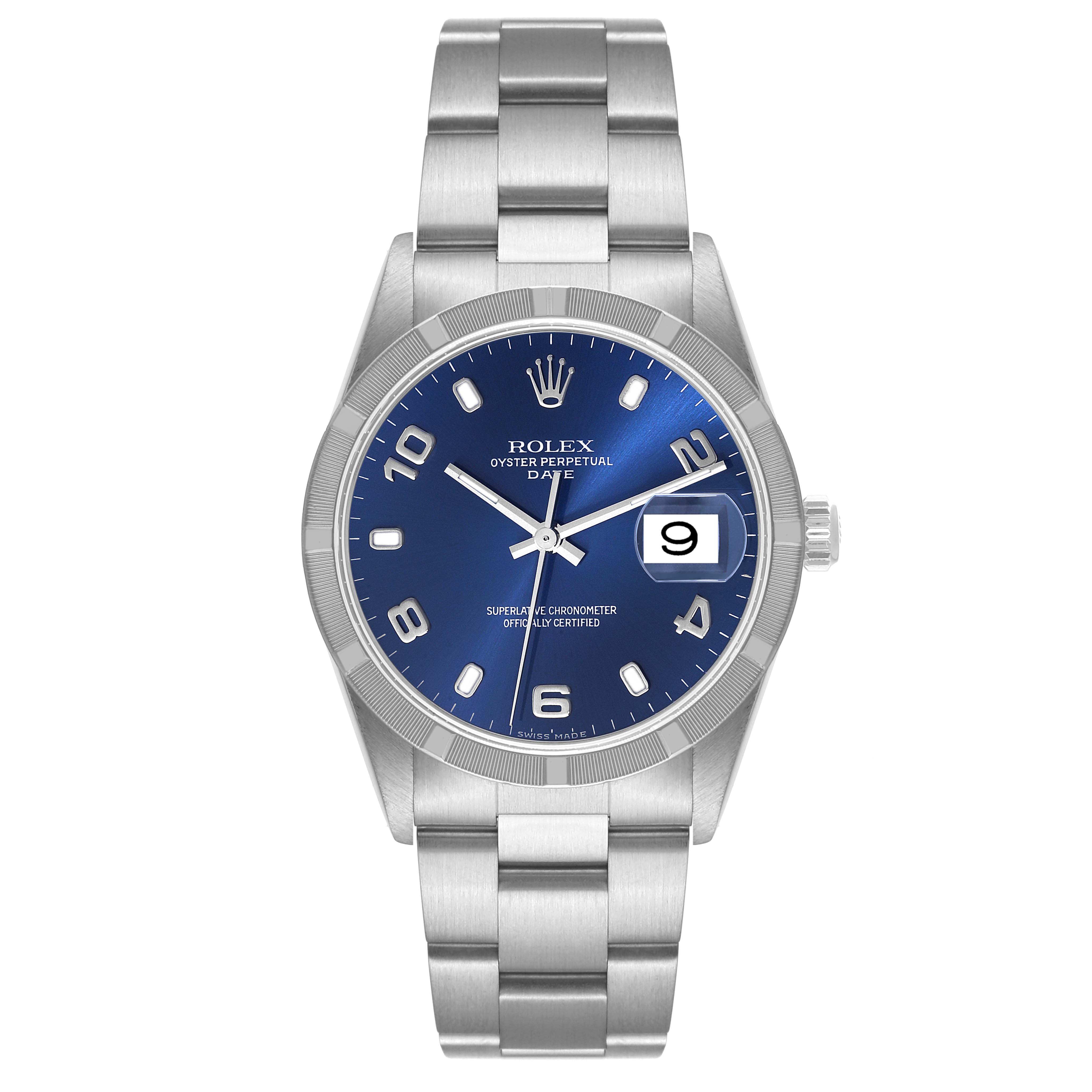 The image shows a front view of a Rolex Date 15210 Men's Stainless Steel Blue Dial 15210 Men's Stainless Steel Blue Dial model watch, displaying the dial, bracelet, and the date feature at 3 o'clock.