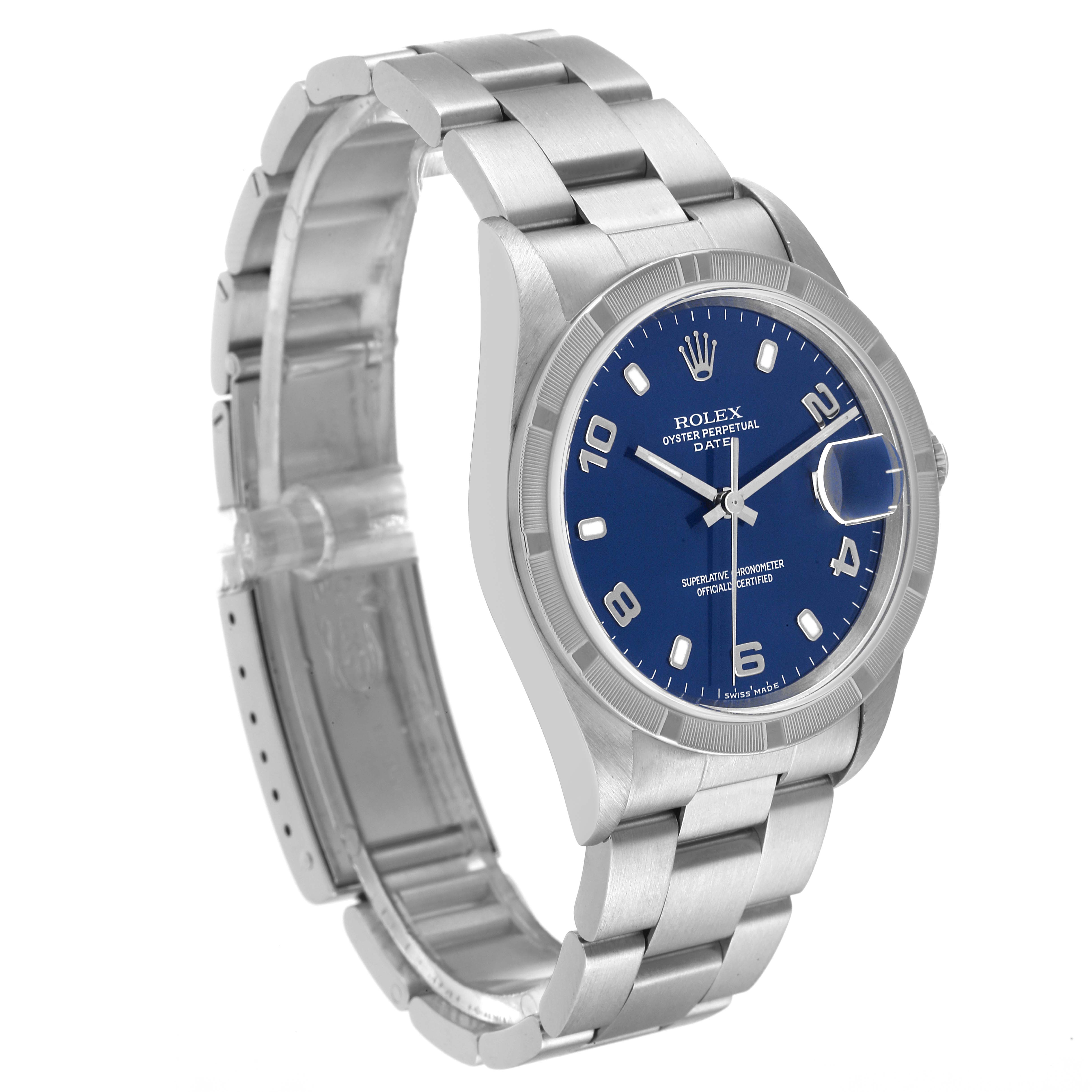 This image shows a Rolex Date 15210 Men's Stainless Steel Blue Dial 15210 Men's Stainless Steel Blue Dial model watch from a three-quarter angle, highlighting the bracelet, case, dial, and crown.