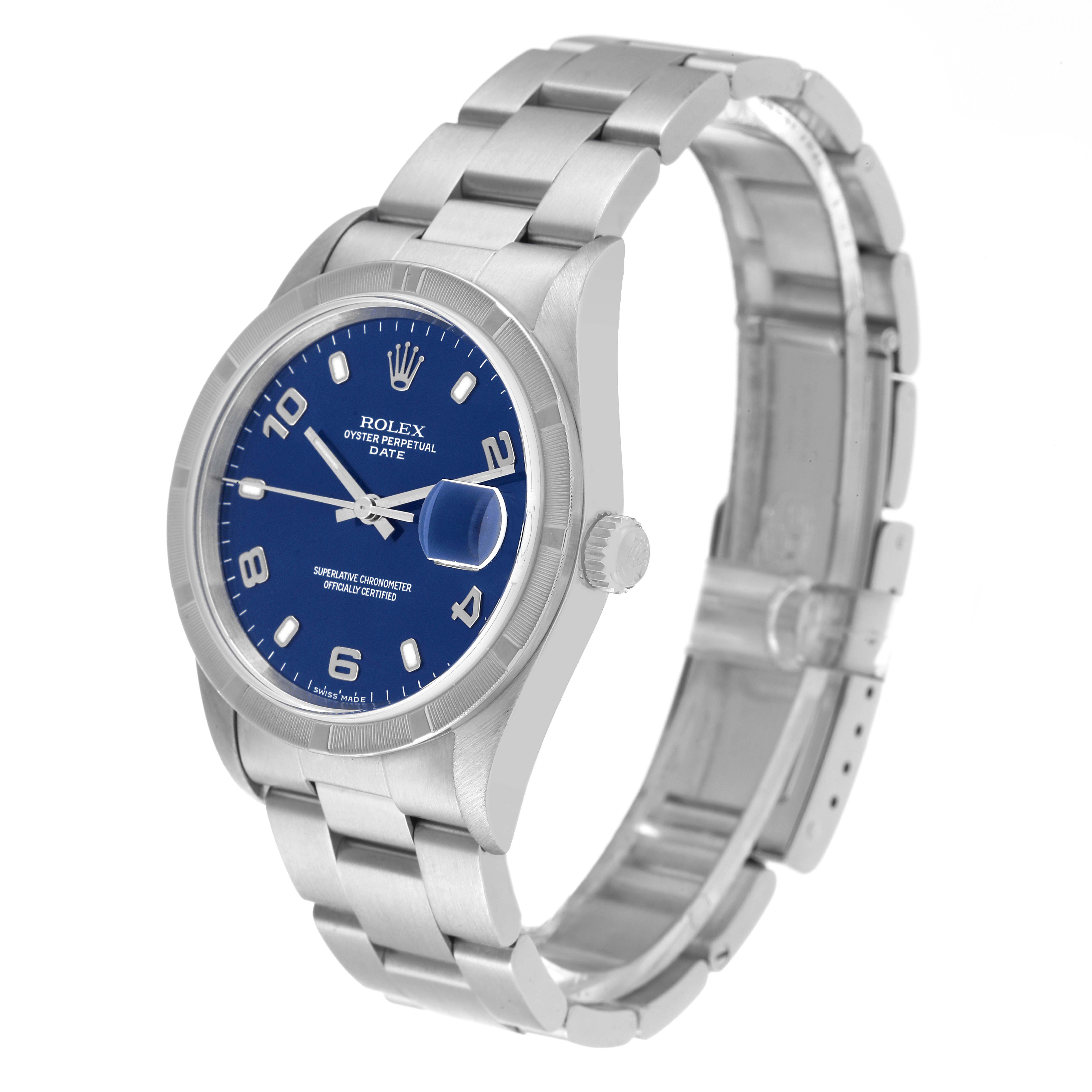 The image shows a Rolex Date 15210 Men's Stainless Steel Blue Dial 15210 Men's Stainless Steel Blue Dial model watch from a side angle, highlighting its blue dial, bezel, and bracelet.