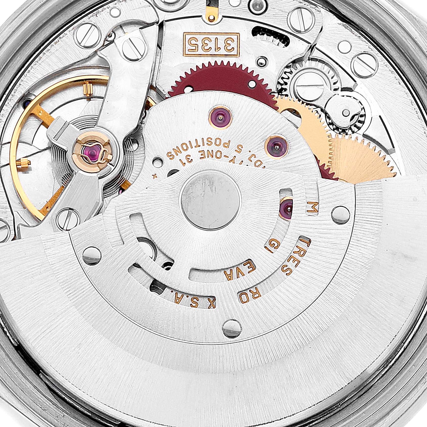 This image shows a close-up of the internal mechanical movement parts of a Rolex Date 15210 Men's Stainless Steel Blue Dial 15210 Men's Stainless Steel Blue Dial model watch.