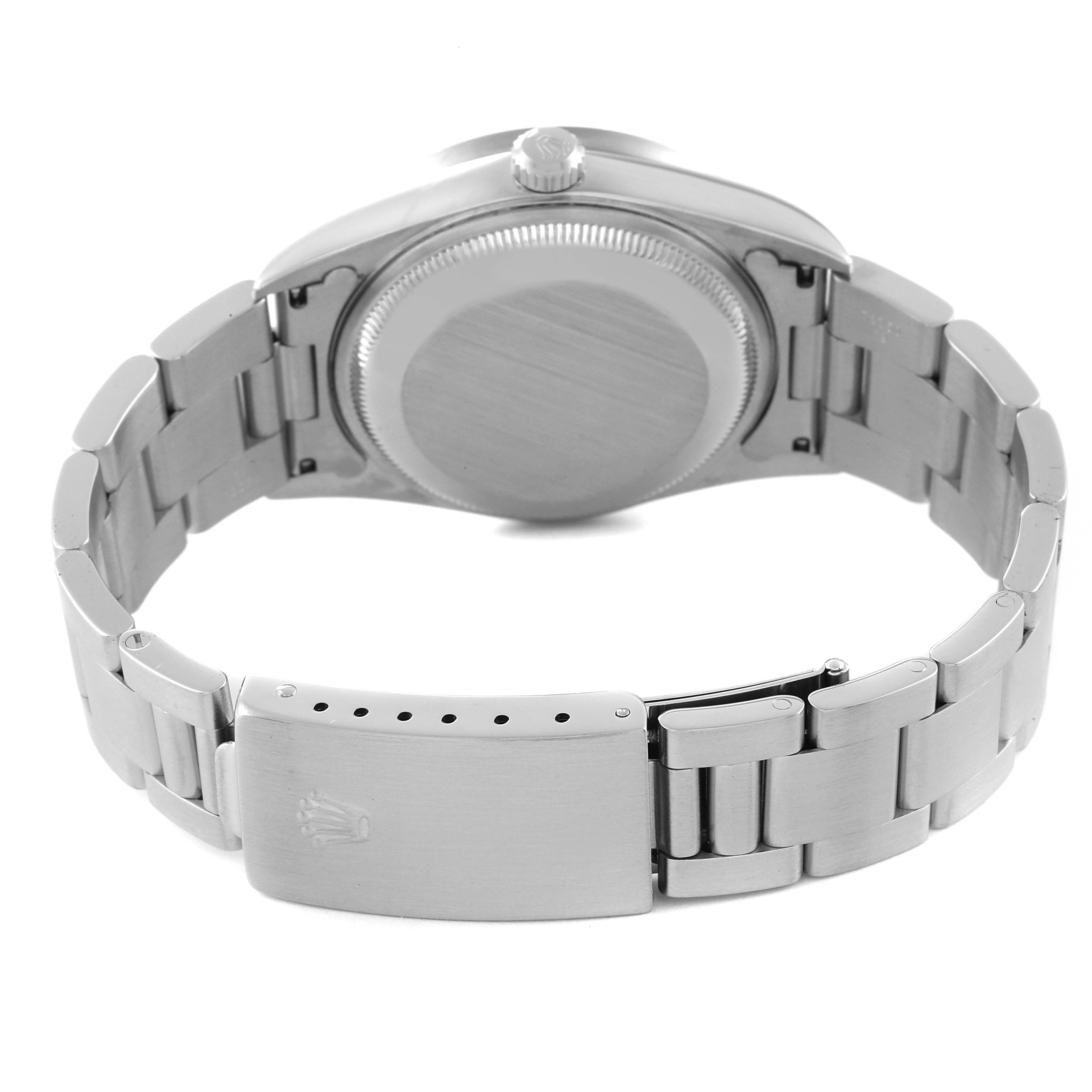 The image shows the back view of a Rolex Date 15210 Men's Stainless Steel Blue Dial 15210 Men's Stainless Steel Blue Dial model watch, including its case, bracelet, and clasp.