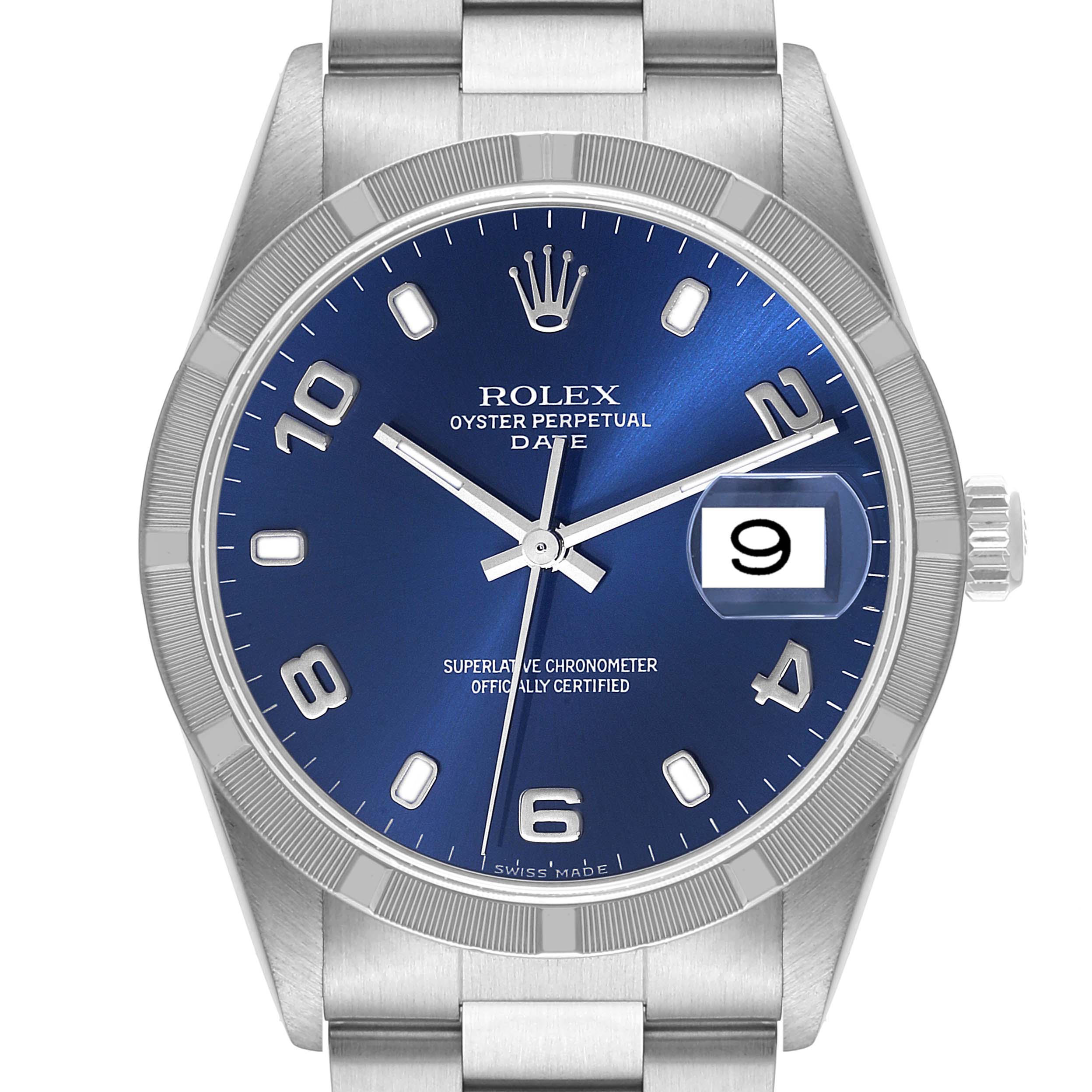 This Rolex Date 15210 Men's Stainless Steel Blue Dial 15210 Men's Stainless Steel Blue Dial model watch is shown from a straight-on angle displaying the dial, bezel, hands, crown, and bracelet.