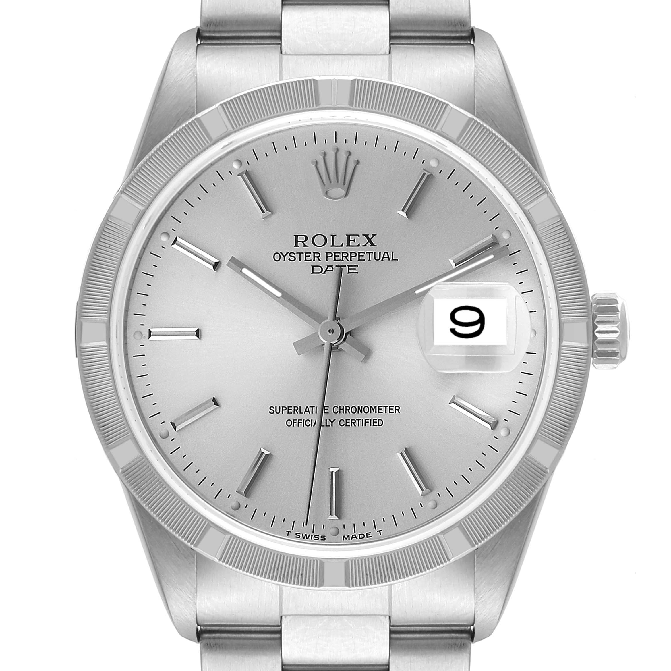The image shows a frontal view of a Rolex Oyster Perpetual Date watch, highlighting its face, dial, and bracelet.