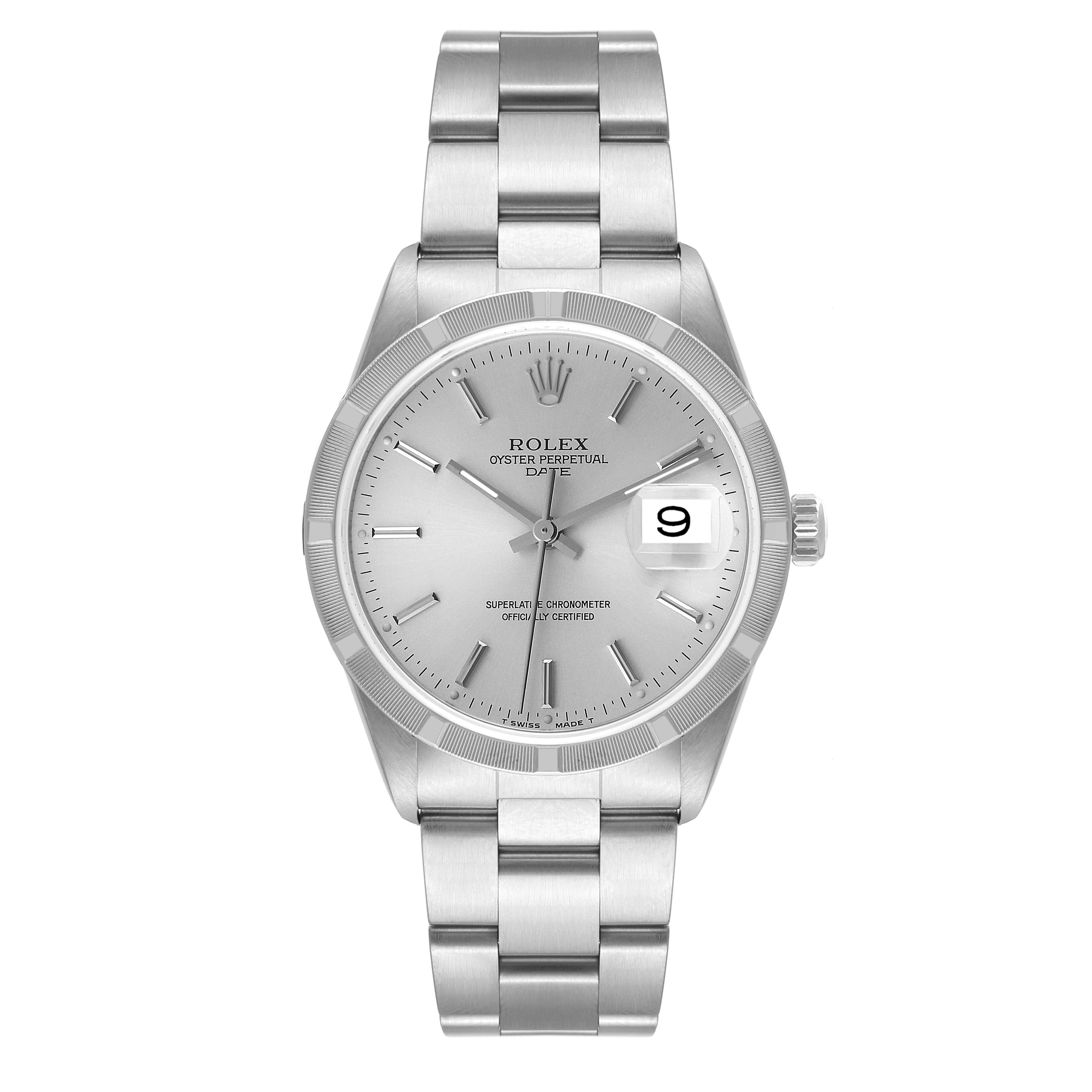 The image shows a front view of a Rolex Date 15210 Men's Stainless Steel Silver Dial 15210 Men's Stainless Steel Silver Dial model watch, displaying the dial, hands, bracelet, and date window.