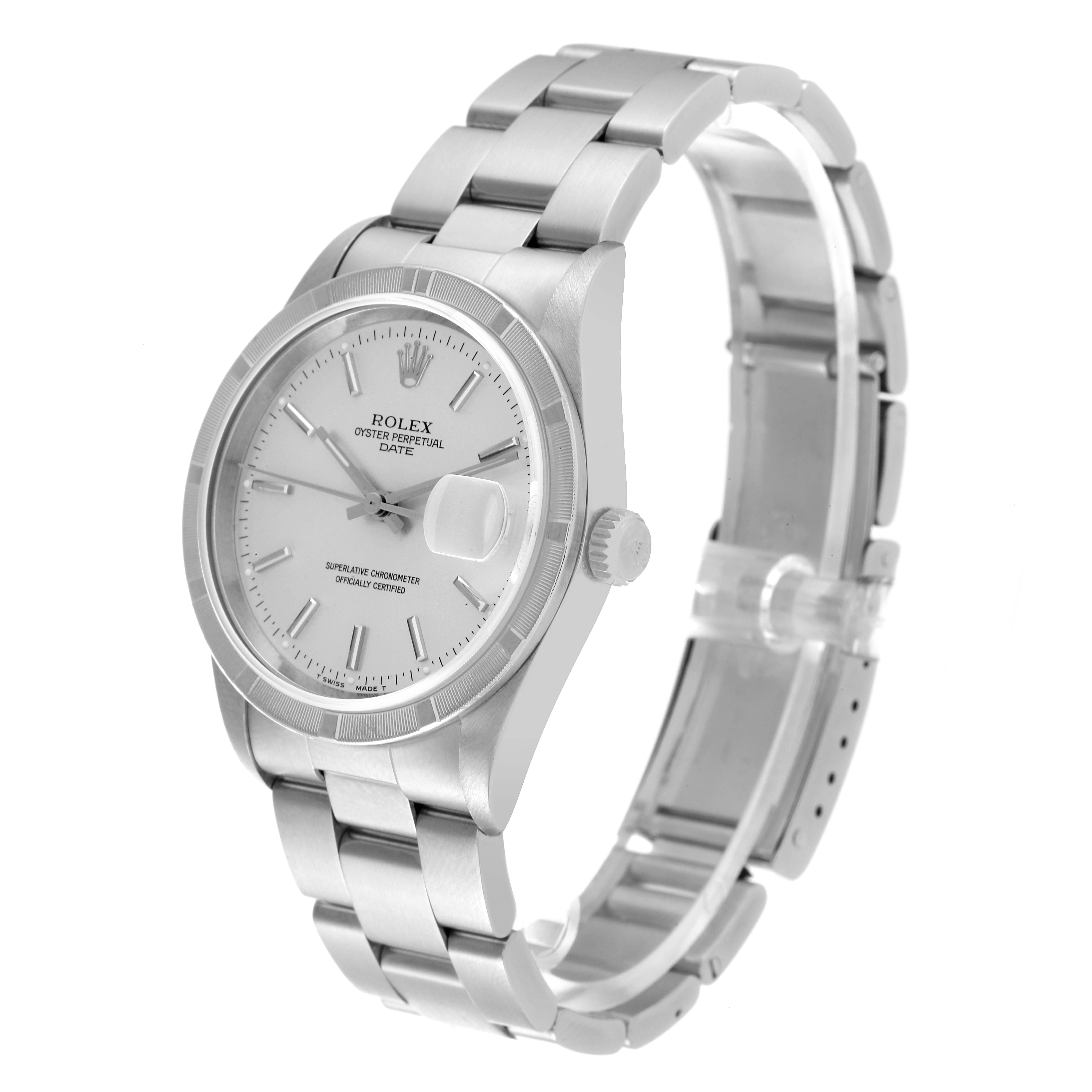The Rolex Date 15210 Men's Stainless Steel Silver Dial 15210 Men's Stainless Steel Silver Dial model watch is shown at a slight angle from the front, displaying the face, bezel, crown, and bracelet.