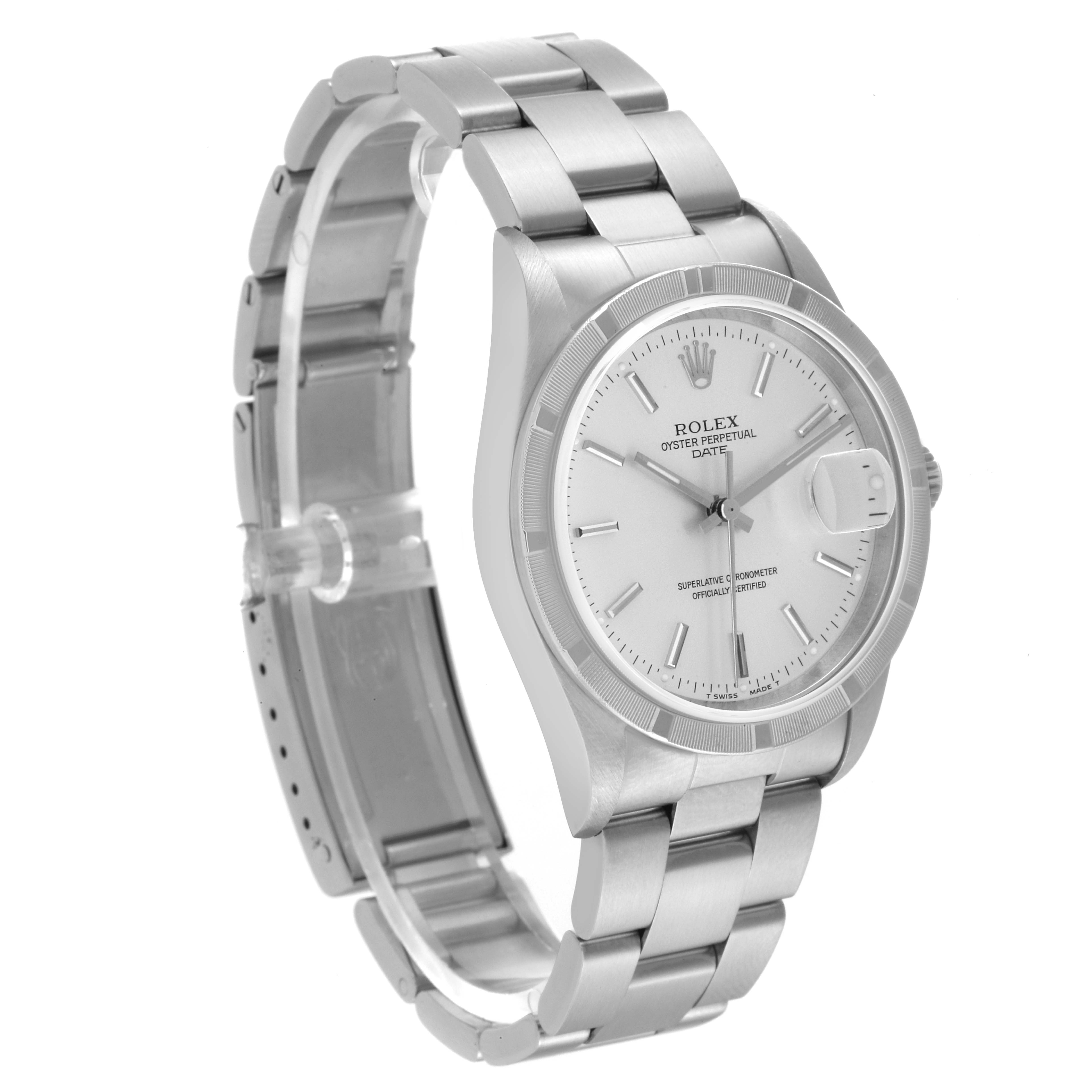 The Rolex Date 15210 Men's Stainless Steel Silver Dial 15210 Men's Stainless Steel Silver Dial model watch is shown at a three-quarter angle displaying the face, bezel, and part of the bracelet.