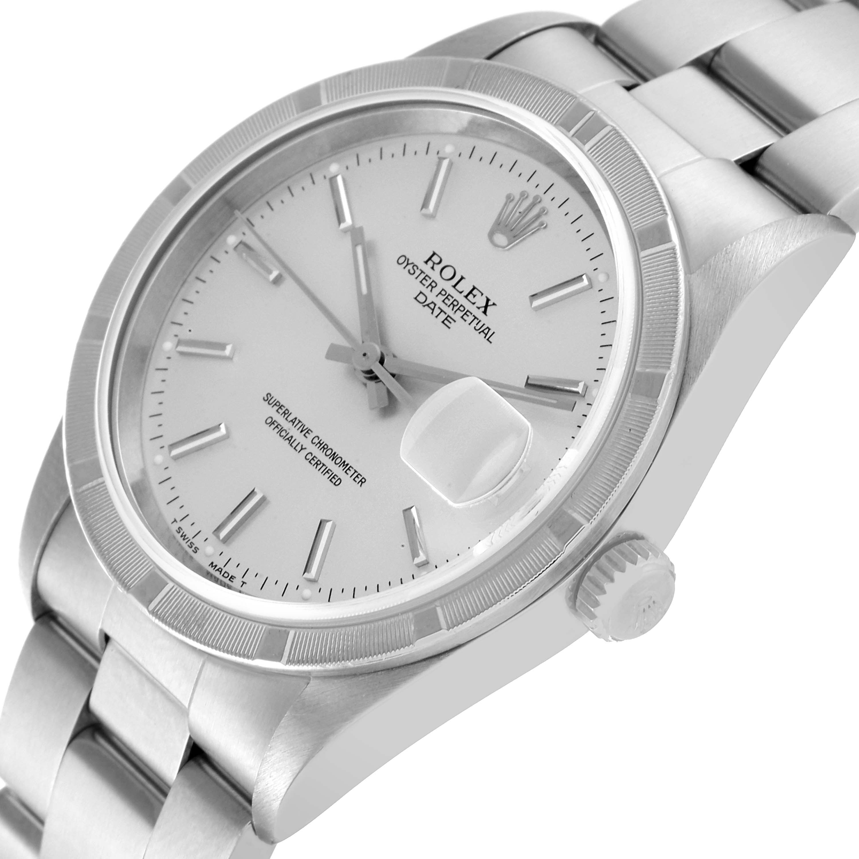 This image of a Rolex Date 15210 Men's Stainless Steel Silver Dial 15210 Men's Stainless Steel Silver Dial watch shows a close-up angled view of the face, bezel, and part of the bracelet.