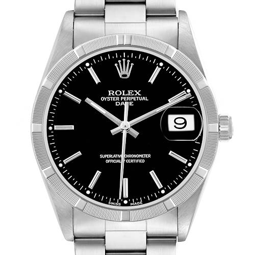 Photo of Rolex Date Steel Black Dial Engine Turned Bezel Mens Watch 15210