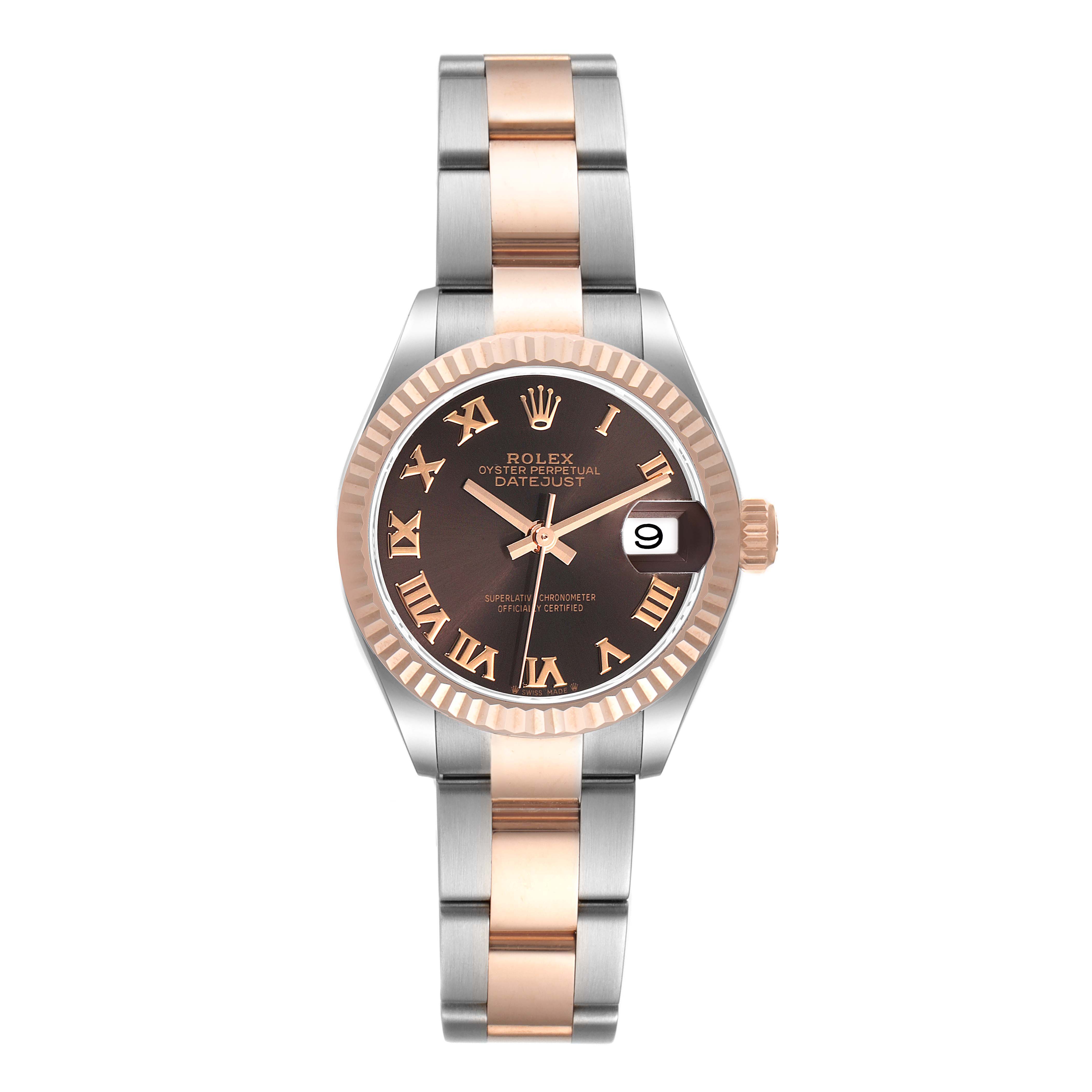 This Rolex Datejust 279171 Women's Steel and Gold (two tone) Brown Dial 279171 Women's Steel and Gold (two tone) Brown Dial watch is shown from the front angle, displaying its bracelet, dial, hands, and date feature.