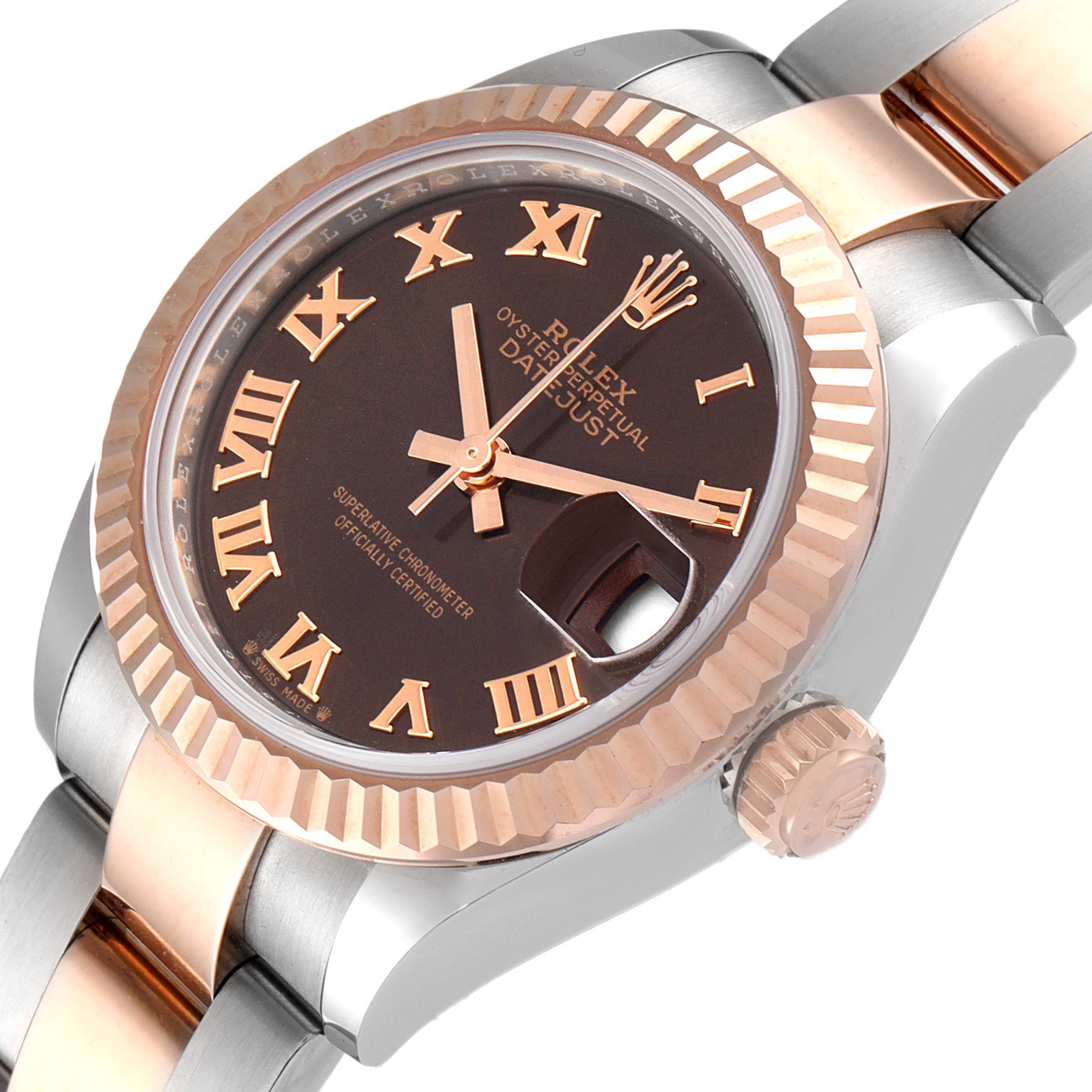 The image shows a close-up angle of the face, bezel, crown, and part of the bracelet of a Rolex Datejust 279171 Women's Steel and Gold (two tone) Brown Dial 279171 Women's Steel and Gold (two tone) Brown Dial watch.