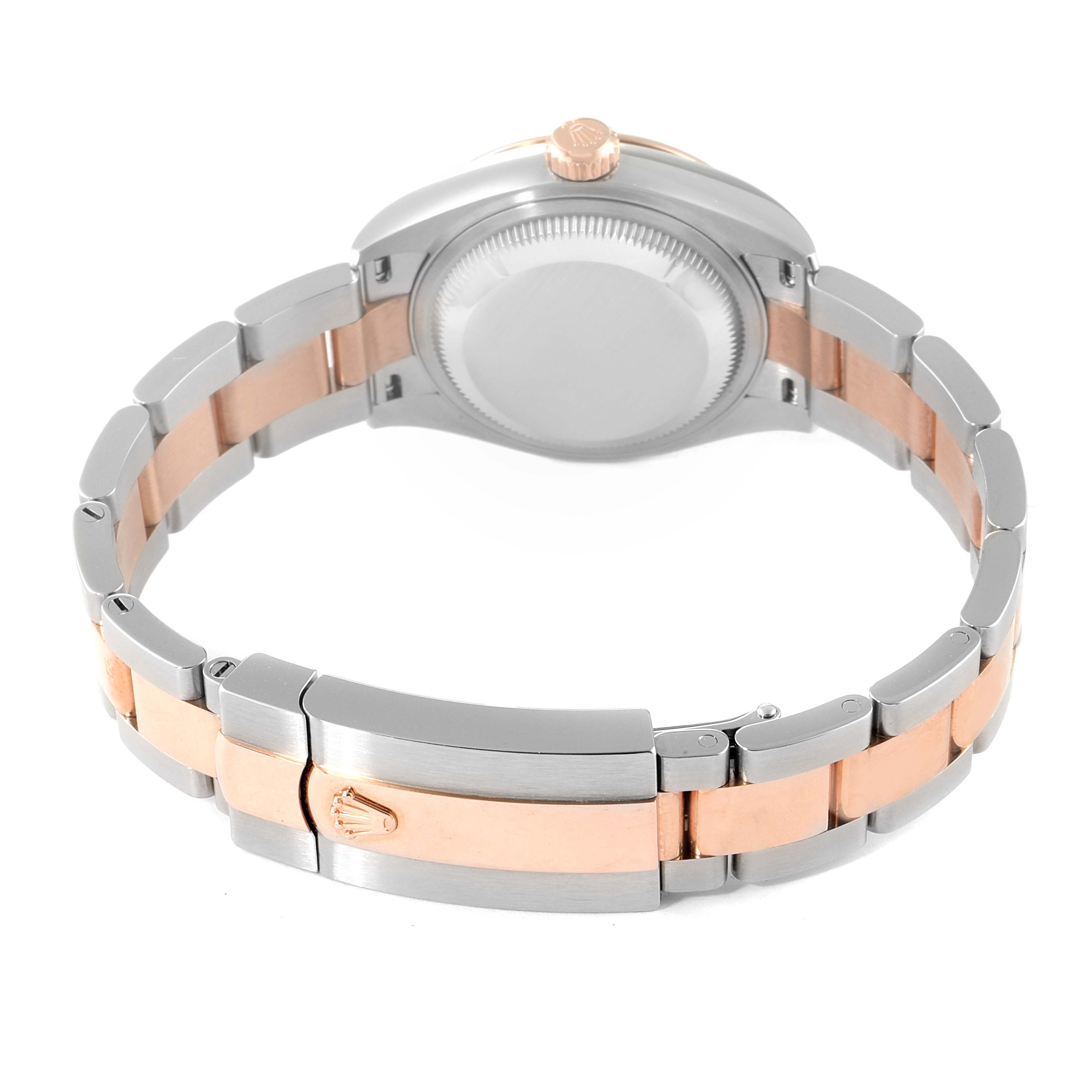 The image shows the back view and bracelet of a Rolex Datejust 279171 Women's Steel and Gold (two tone) Brown Dial 279171 Women's Steel and Gold (two tone) Brown Dial watch, highlighting the clasp and crown.