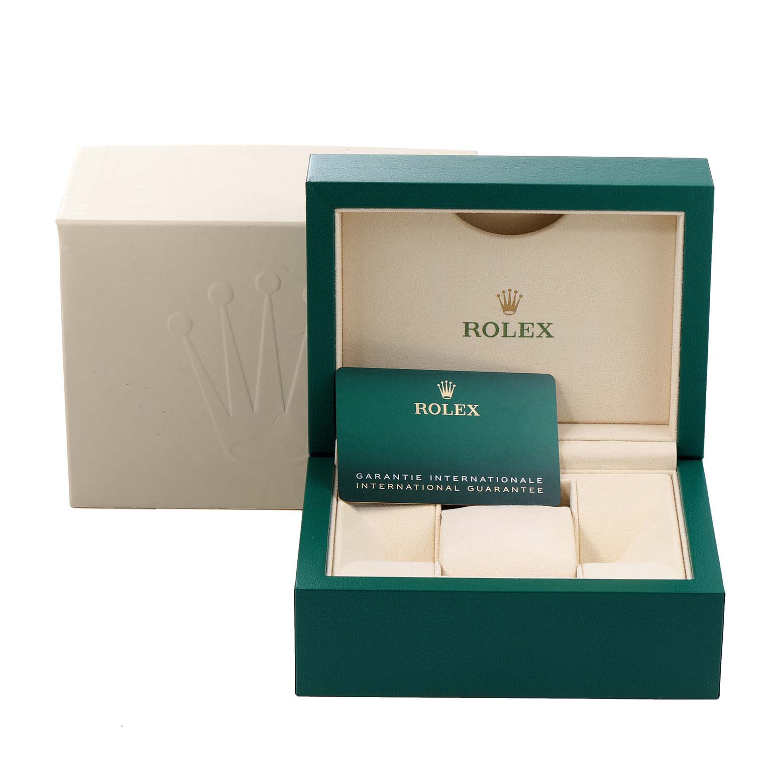 The image shows a Rolex Datejust 279171 Women's Steel and Gold (two tone) Brown Dial 279171 Women's Steel and Gold (two tone) Brown Dial presentation box with an international guarantee card, viewed from the front.