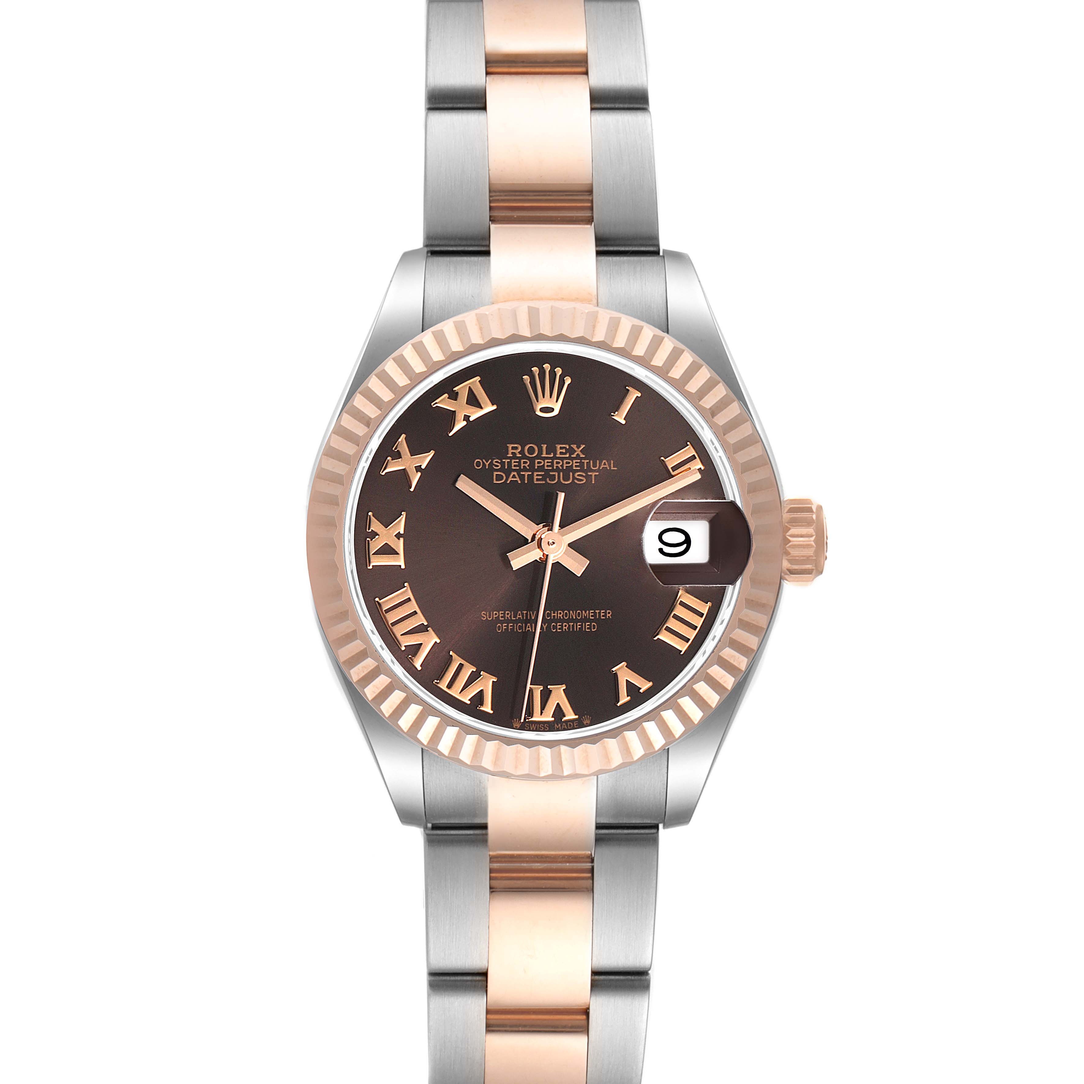 The image shows a Rolex Datejust 279171 Women's Steel and Gold (two tone) Brown Dial 279171 Women's Steel and Gold (two tone) Brown Dial watch from the front, highlighting its dual-tone metal bracelet, fluted bezel, and a date window.