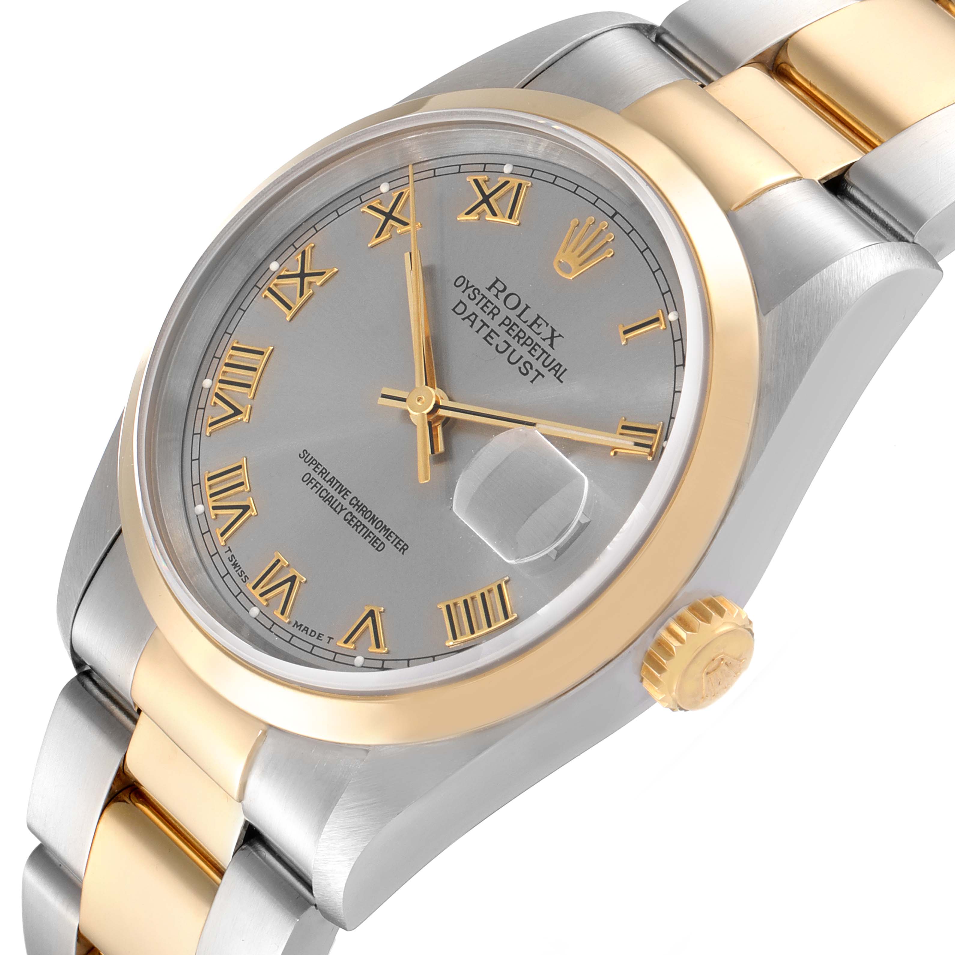 This image shows a Rolex Datejust 16203 Men
s Steel and Gold (two tone) Grey Dial 16203 Men
s Steel and Gold (two tone) Grey Dial watch at an angled view, highlighting the dial, crown, and part of the bracelet.